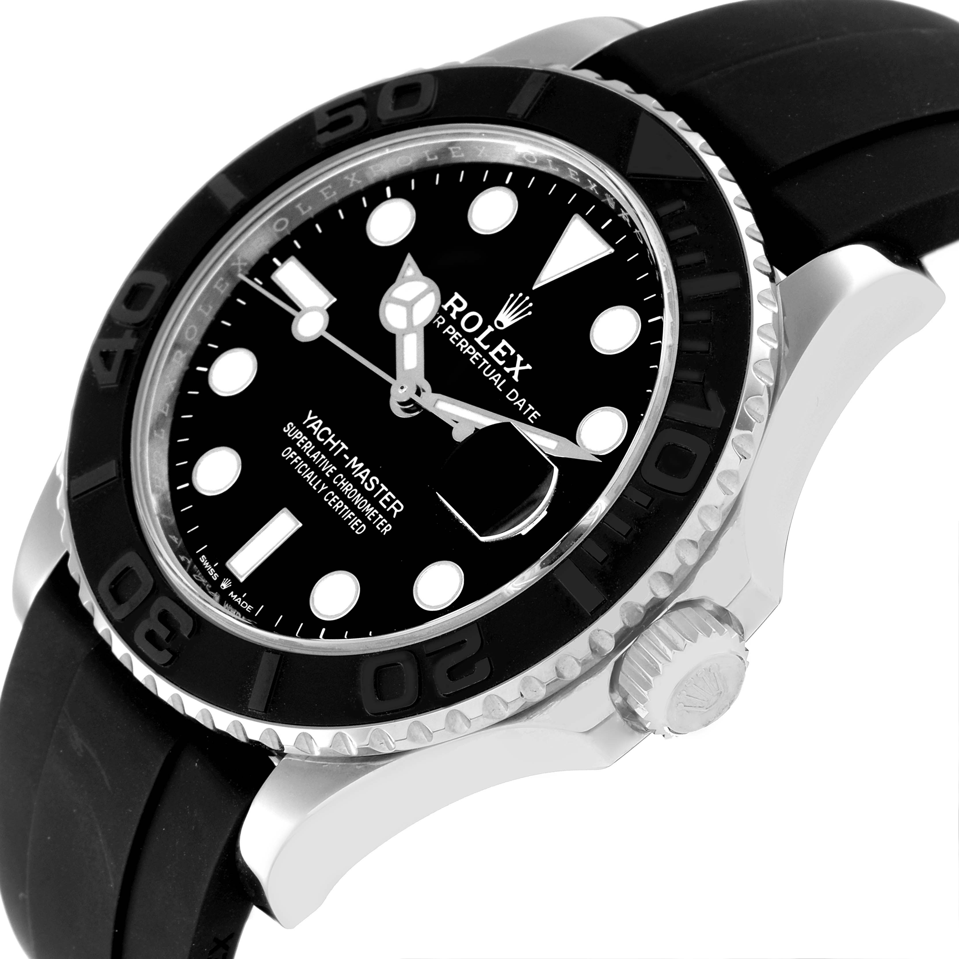 This image shows a Rolex Yacht-Master 226659 Men's Stainless Steel Black Dial 226659 Men's Stainless Steel Black Dial watch at a three-quarter angle, highlighting the dial, bezel, and crown.