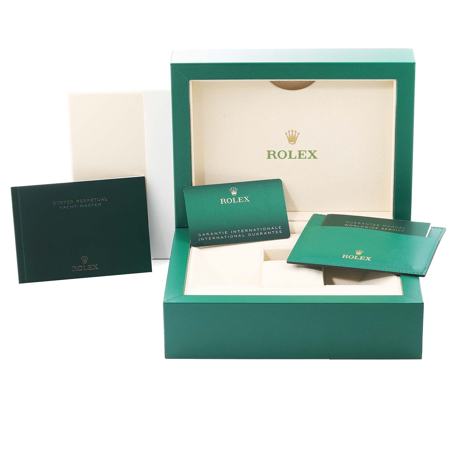 The image shows a Rolex Yacht-Master 226659 Men's Stainless Steel Black Dial 226659 Men's Stainless Steel Black Dial watch box, guarantee card, manual, and service booklet.