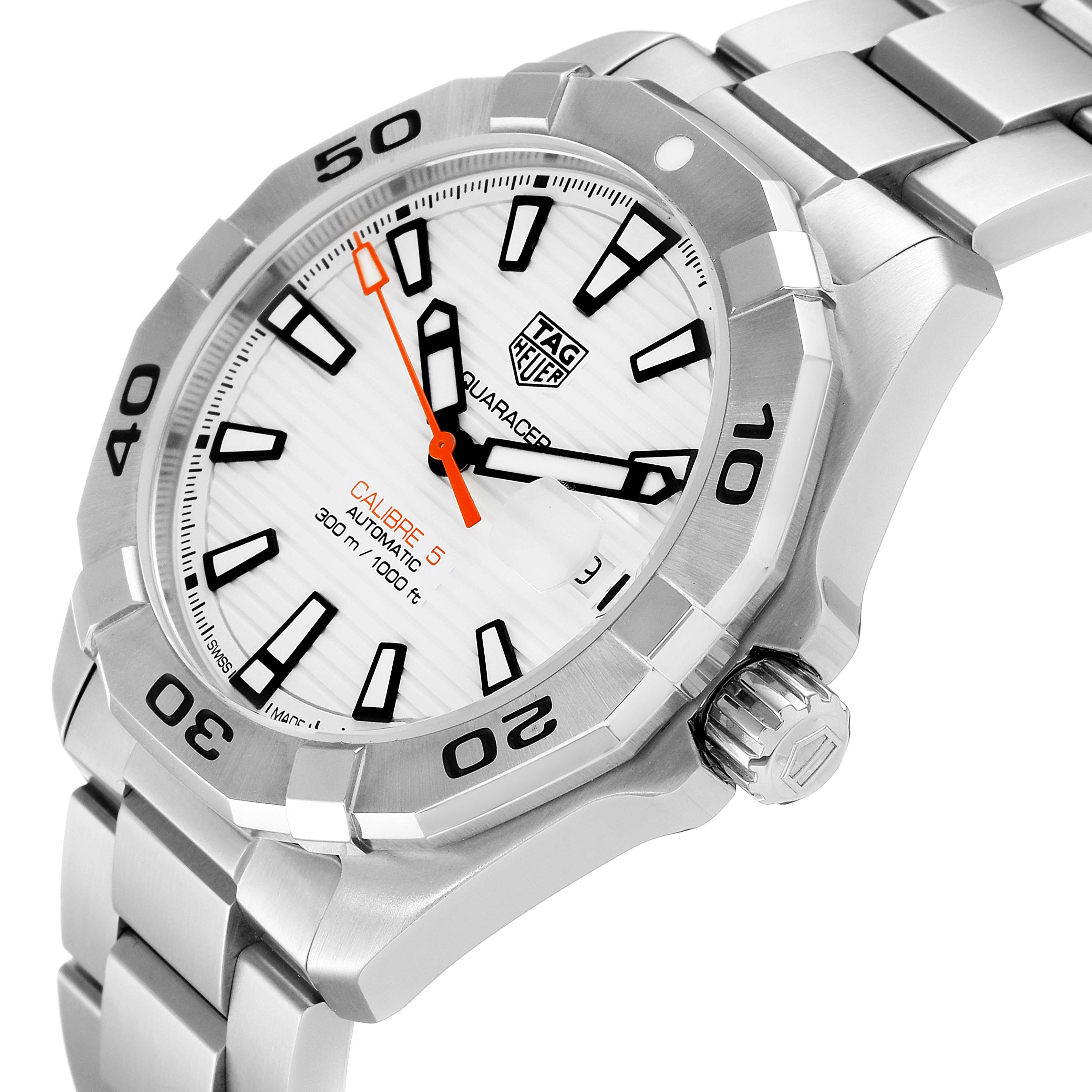The Tag Heuer Aquaracer WBD2111.BA0928 Men's Stainless Steel White Dial WBD2111.BA0928 Men's Stainless Steel White Dial watch is shown at a slight angle revealing its face, bezel, crown, and metal bracelet.