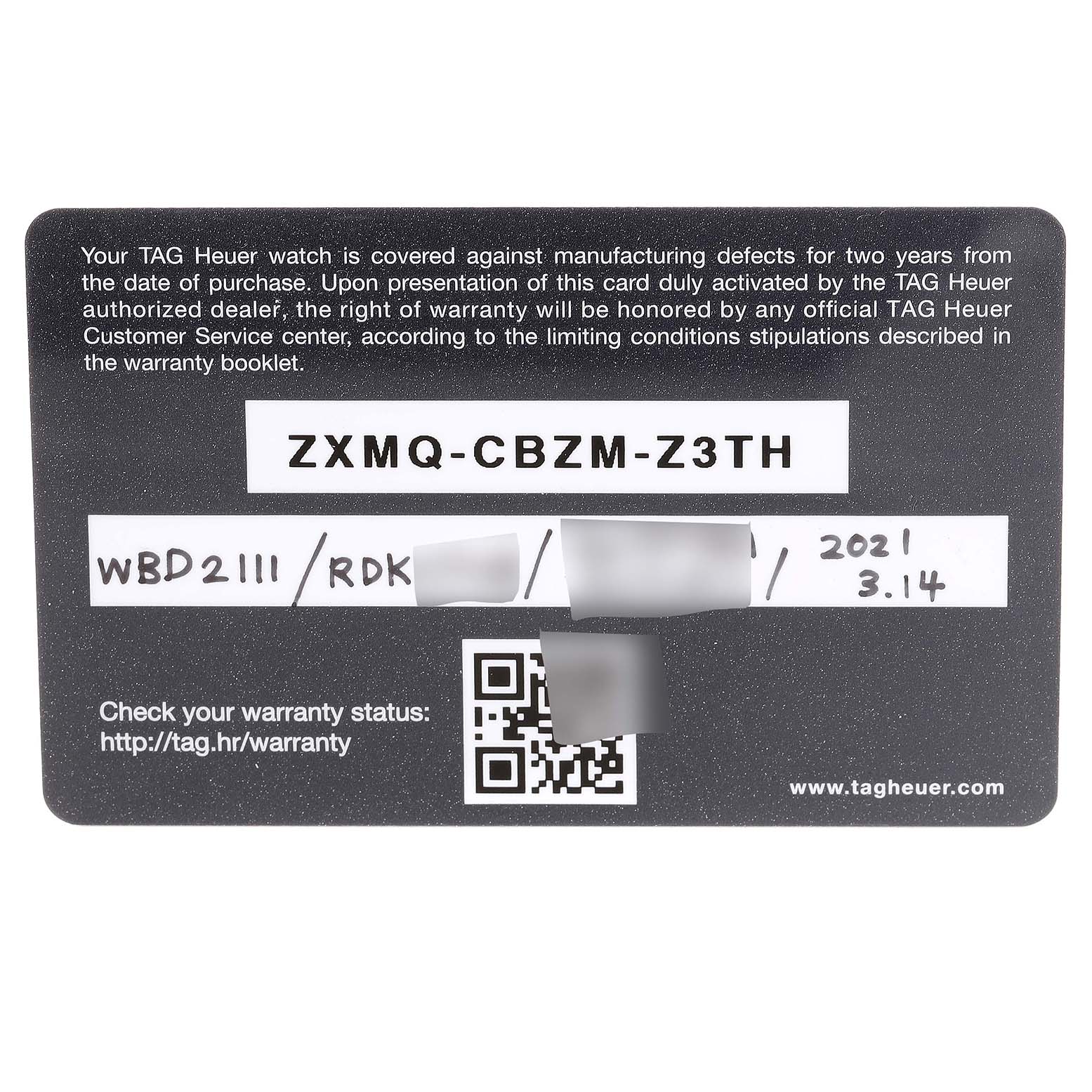 This image shows the warranty card for the Tag Heuer Aquaracer WBD2111.BA0928 Men's Stainless Steel White Dial WBD2111.BA0928 Men's Stainless Steel White Dial model, featuring a QR code and warranty information.