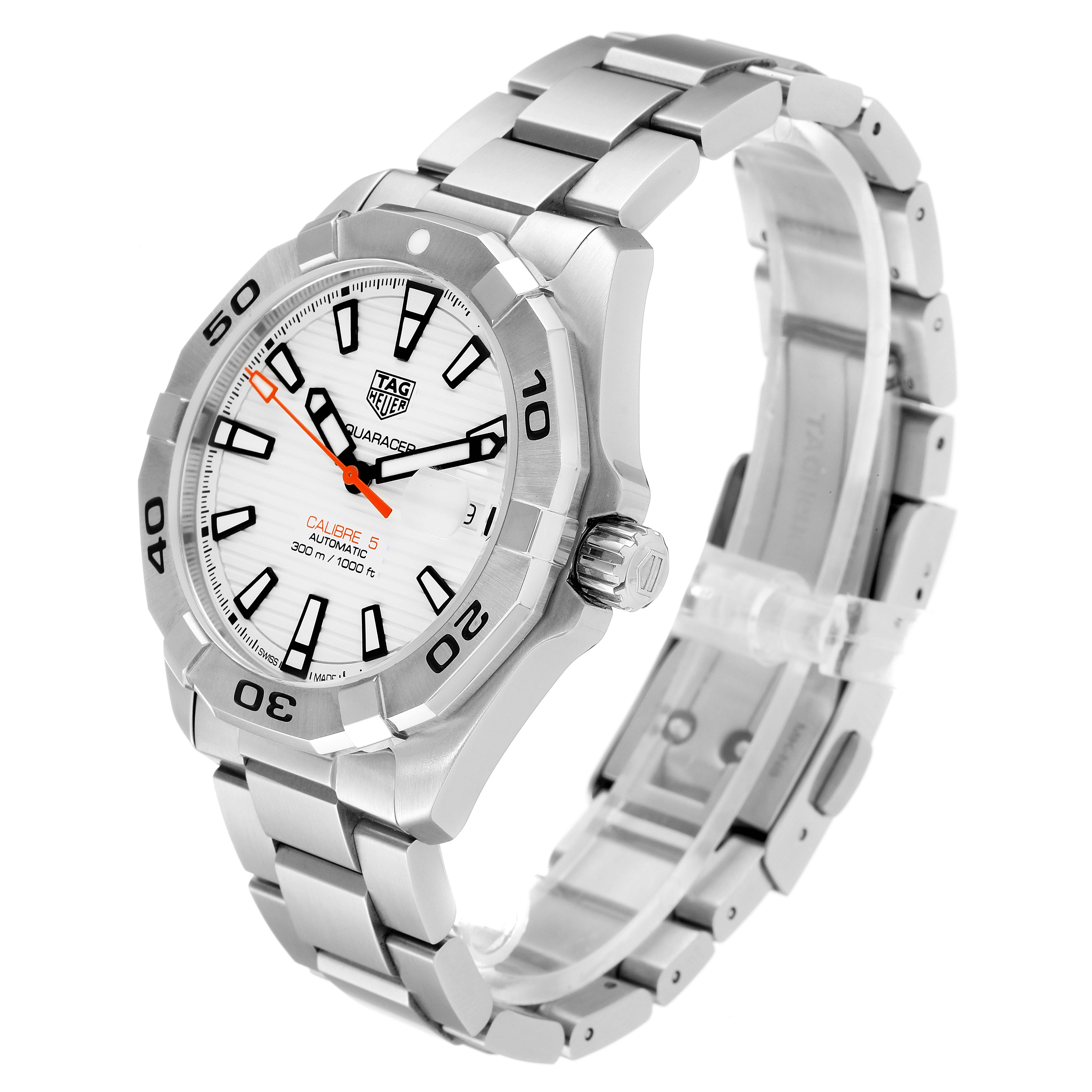 This Tag Heuer Aquaracer WBD2111.BA0928 Men's Stainless Steel White Dial WBD2111.BA0928 Men's Stainless Steel White Dial watch is shown at an angled side view, highlighting its stainless steel band, bezel, and dial.