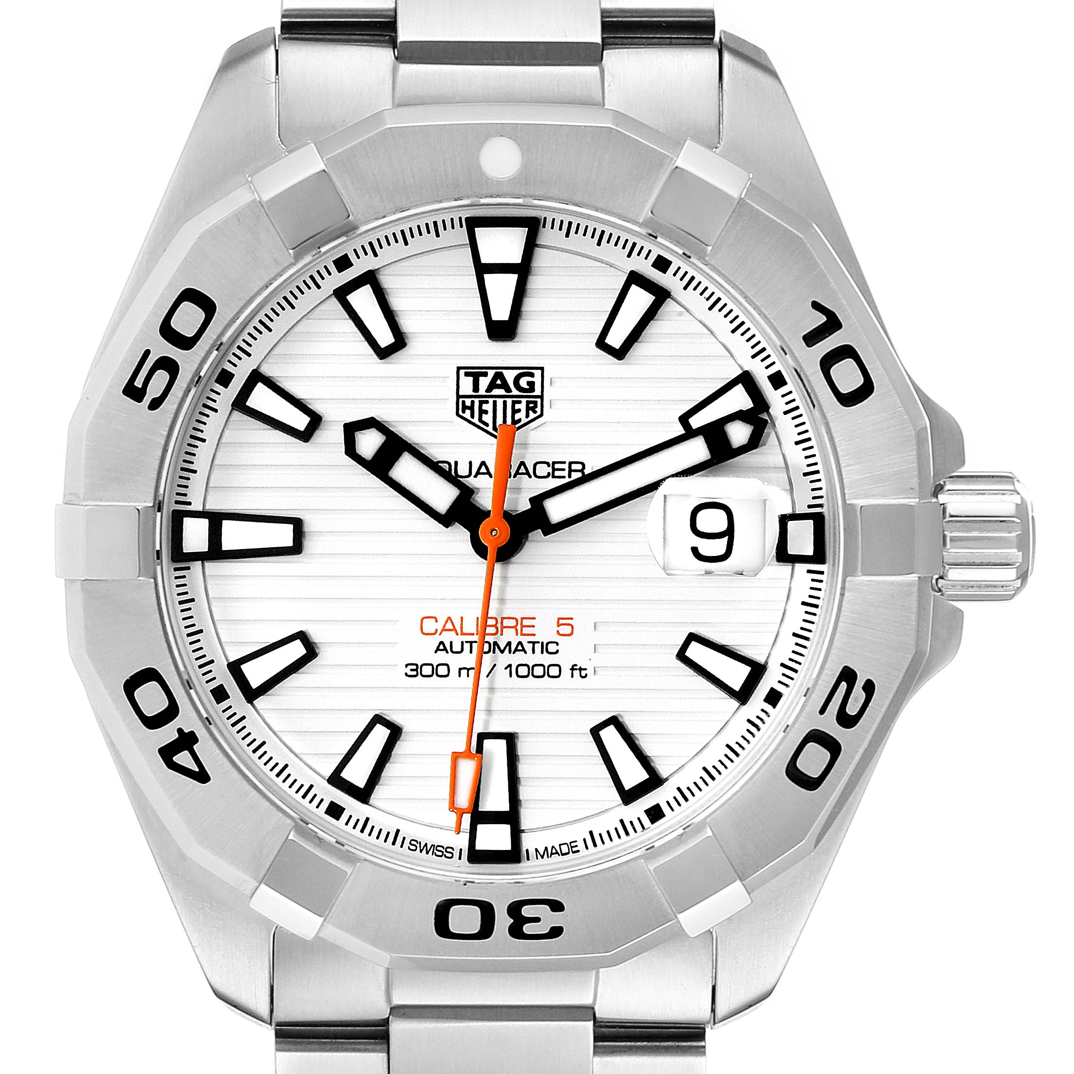 The image shows a front view of the Tag Heuer Aquaracer WBD2111.BA0928 Men's Stainless Steel White Dial WBD2111.BA0928 Men's Stainless Steel White Dial watch, highlighting the dial, hands, bezel, and part of the bracelet.