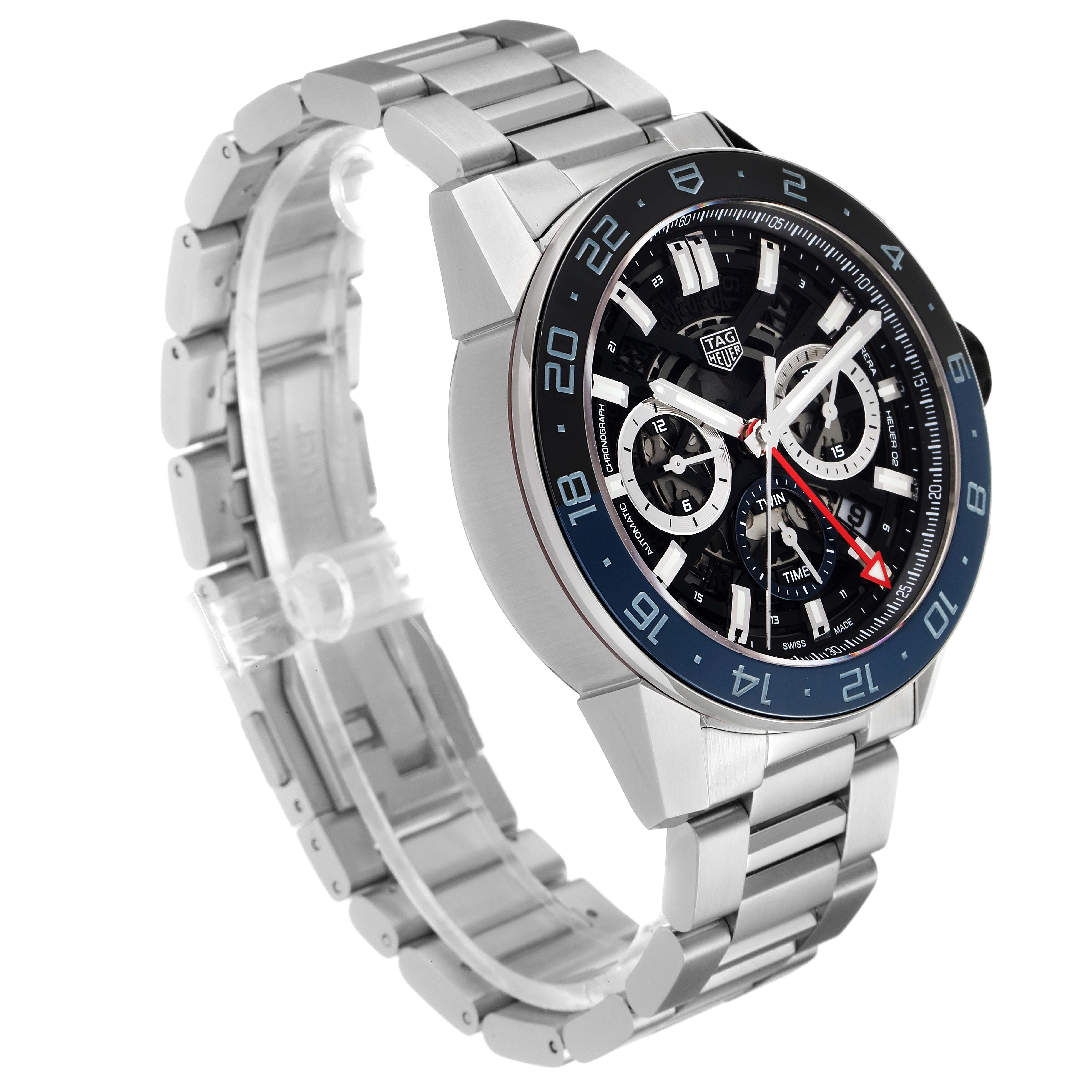 The image shows a close-up angled view of a Tag Heuer Carrera CBG2A1Z.BA0658 Men
s Stainless Steel Black Dial CBG2A1Z.BA0658 Men
s Stainless Steel Black Dial watch, highlighting its face, bezel, and part of the bracelet.