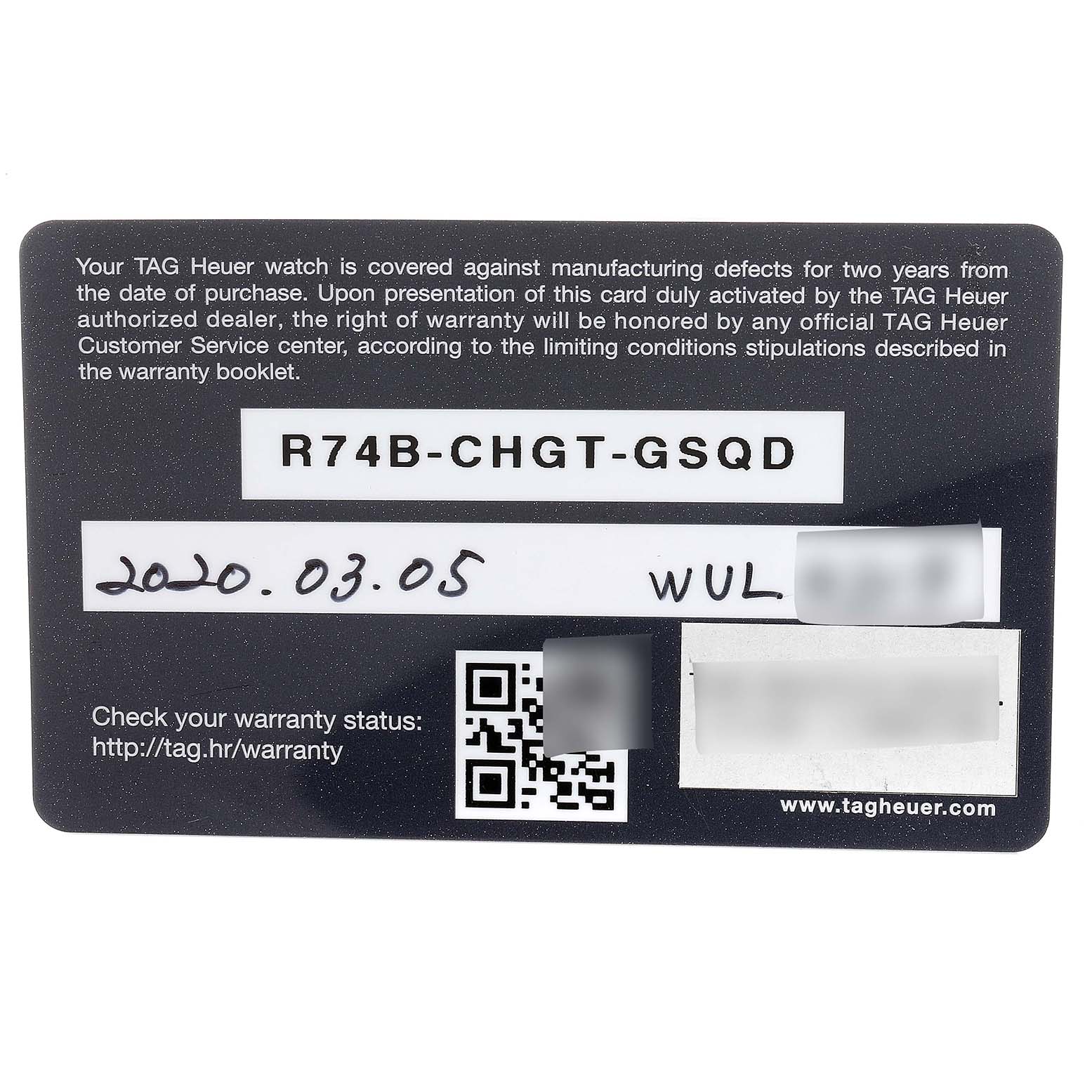This image shows the warranty card for the Tag Heuer Carrera CBG2A1Z.BA0658 Men
s Stainless Steel Black Dial CBG2A1Z.BA0658 Men
s Stainless Steel Black Dial watch model.