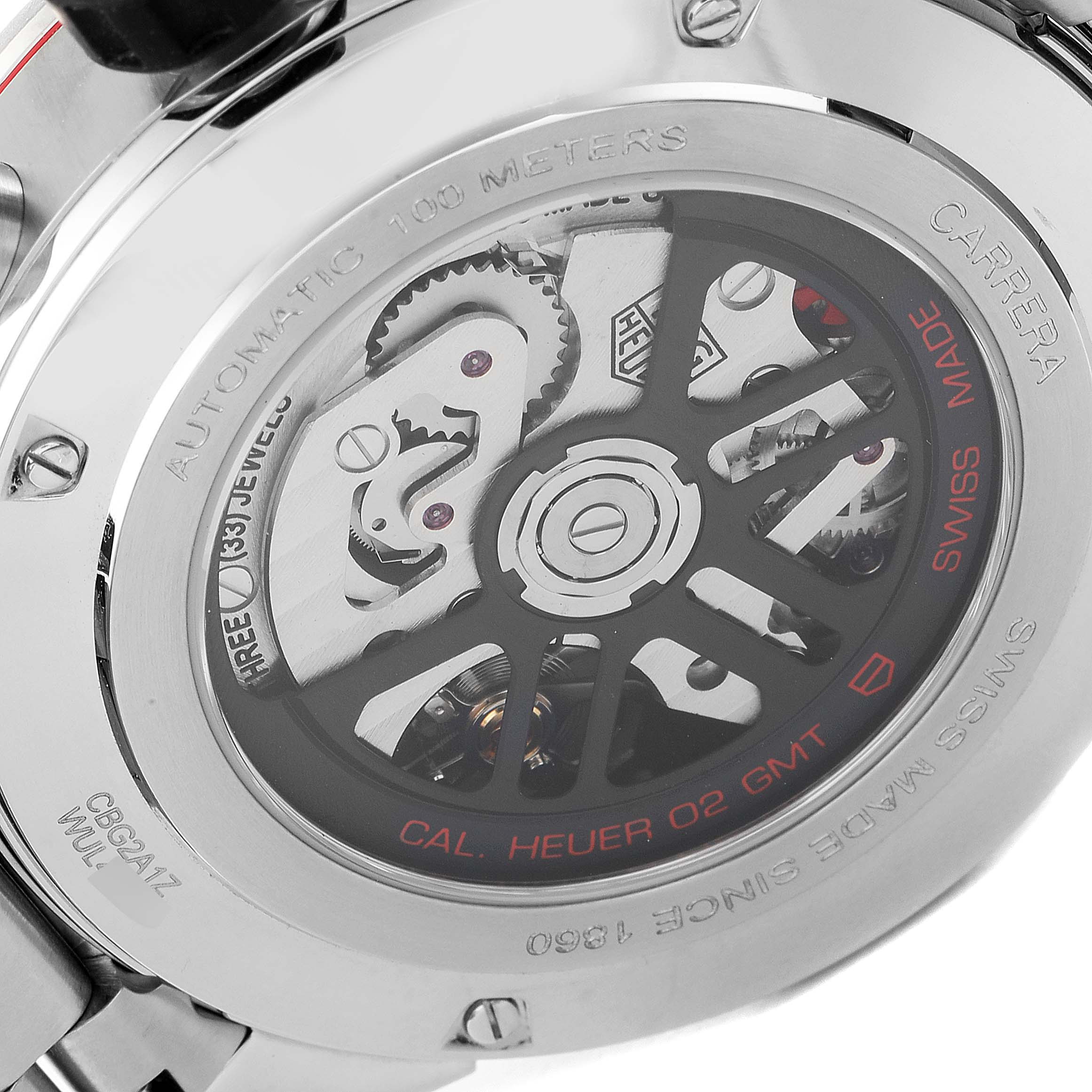 This image shows the back view of a Tag Heuer Carrera CBG2A1Z.BA0658 Men
s Stainless Steel Black Dial CBG2A1Z.BA0658 Men
s Stainless Steel Black Dial watch, highlighting the visible cal. Heuer 02 GMT mechanism.