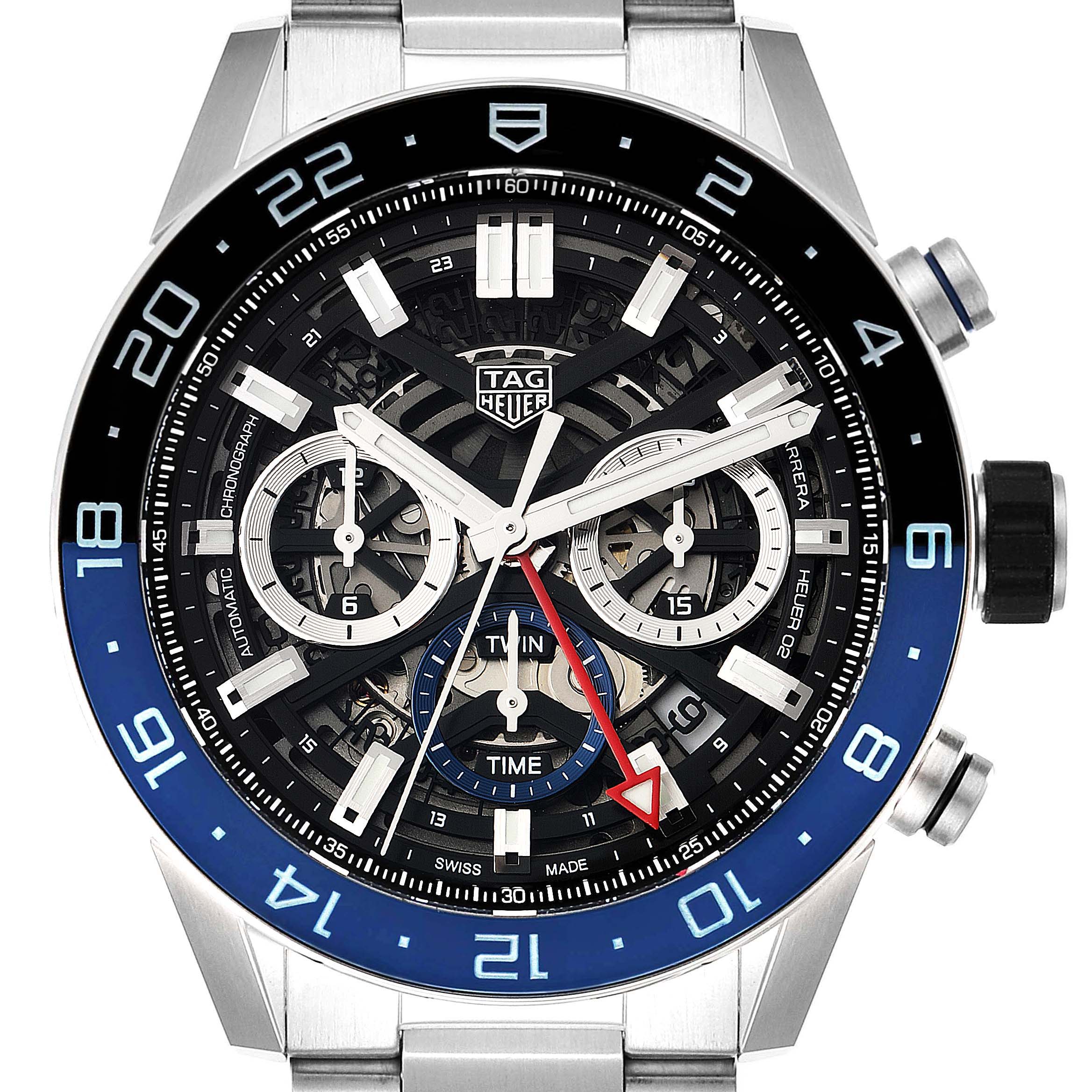 The image shows a close-up front view of the dial and bezel of a Tag Heuer Carrera CBG2A1Z.BA0658 Men
s Stainless Steel Black Dial CBG2A1Z.BA0658 Men
s Stainless Steel Black Dial watch.