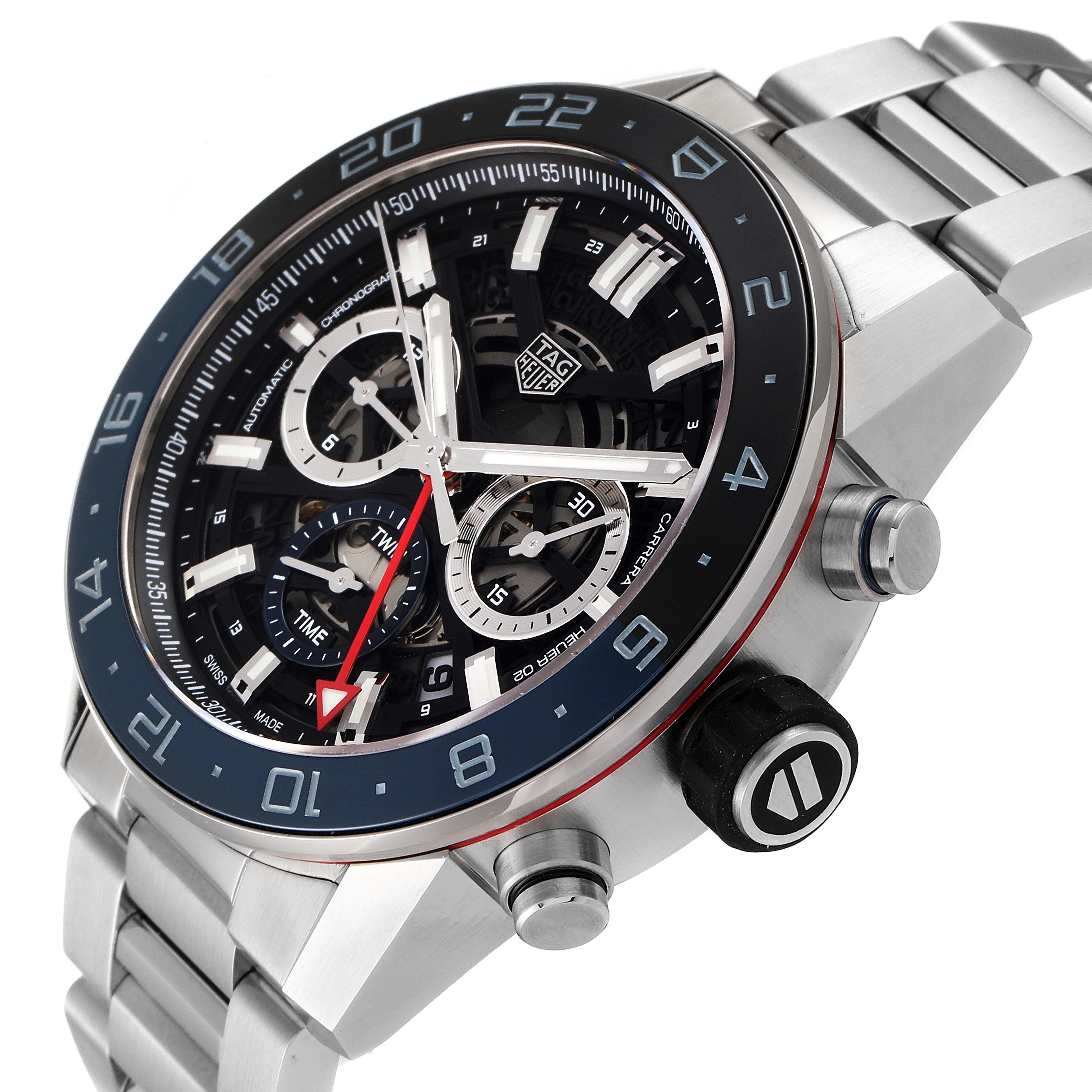 The image shows a close-up angled view of the Tag Heuer Carrera CBG2A1Z.BA0658 Men
s Stainless Steel Black Dial CBG2A1Z.BA0658 Men
s Stainless Steel Black Dial watch face and its metal bracelet.