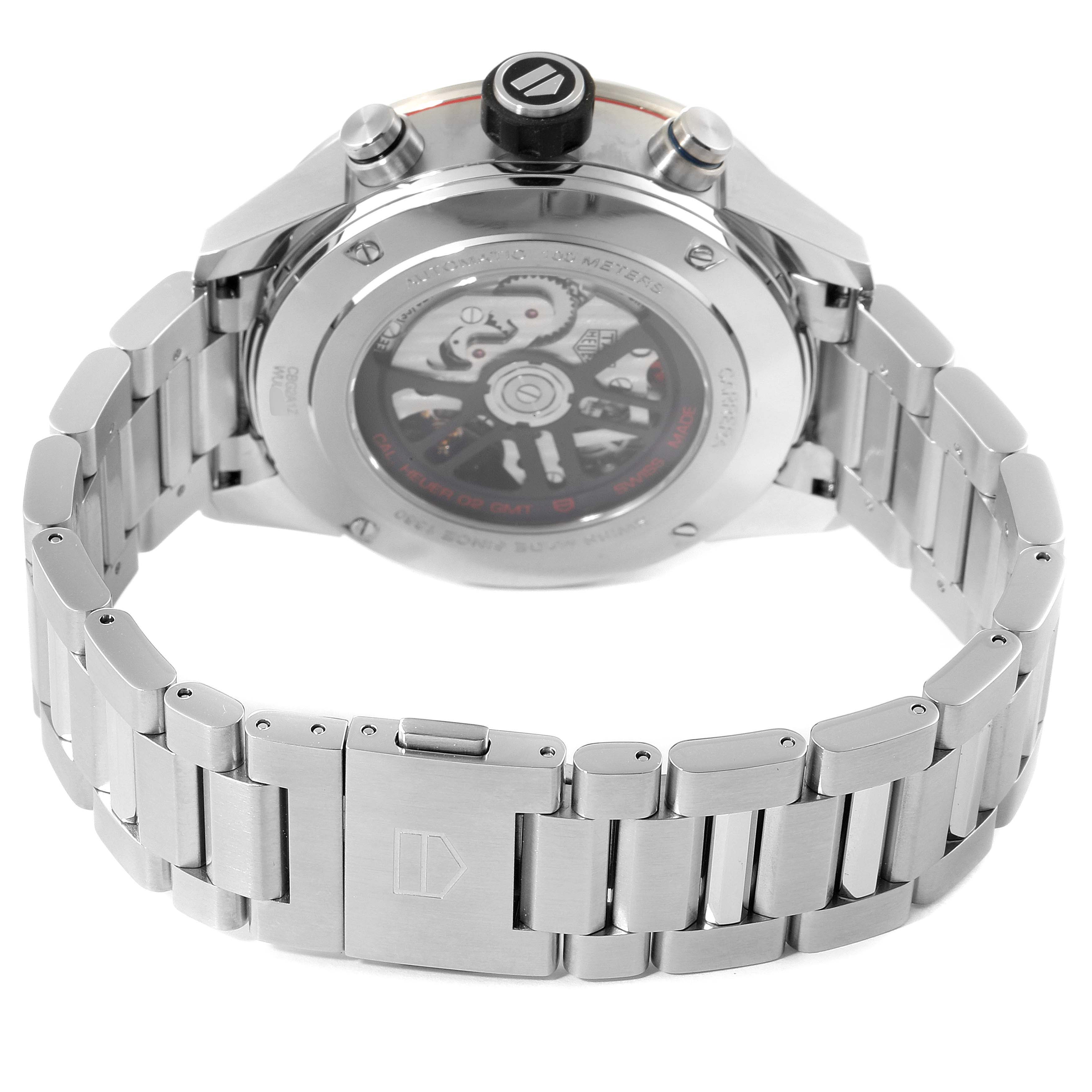 The image shows the back view of a Tag Heuer Carrera CBG2A1Z.BA0658 Men
s Stainless Steel Black Dial CBG2A1Z.BA0658 Men
s Stainless Steel Black Dial watch, highlighting the stainless steel bracelet and the transparent case back.