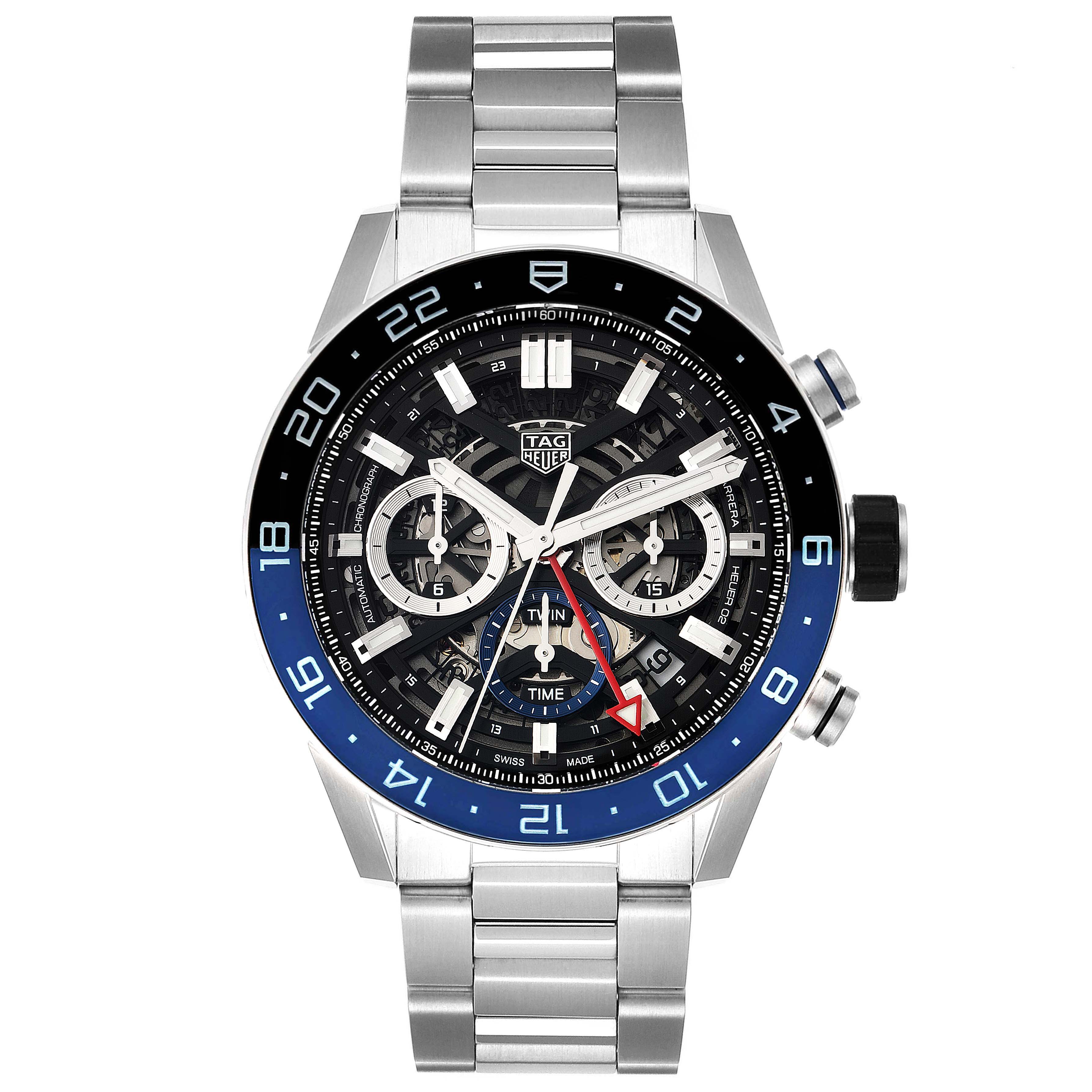 The image shows a top-down view of a Tag Heuer Carrera CBG2A1Z.BA0658 Men
s Stainless Steel Black Dial CBG2A1Z.BA0658 Men
s Stainless Steel Black Dial model watch, displaying the face, bezel, and bracelet.