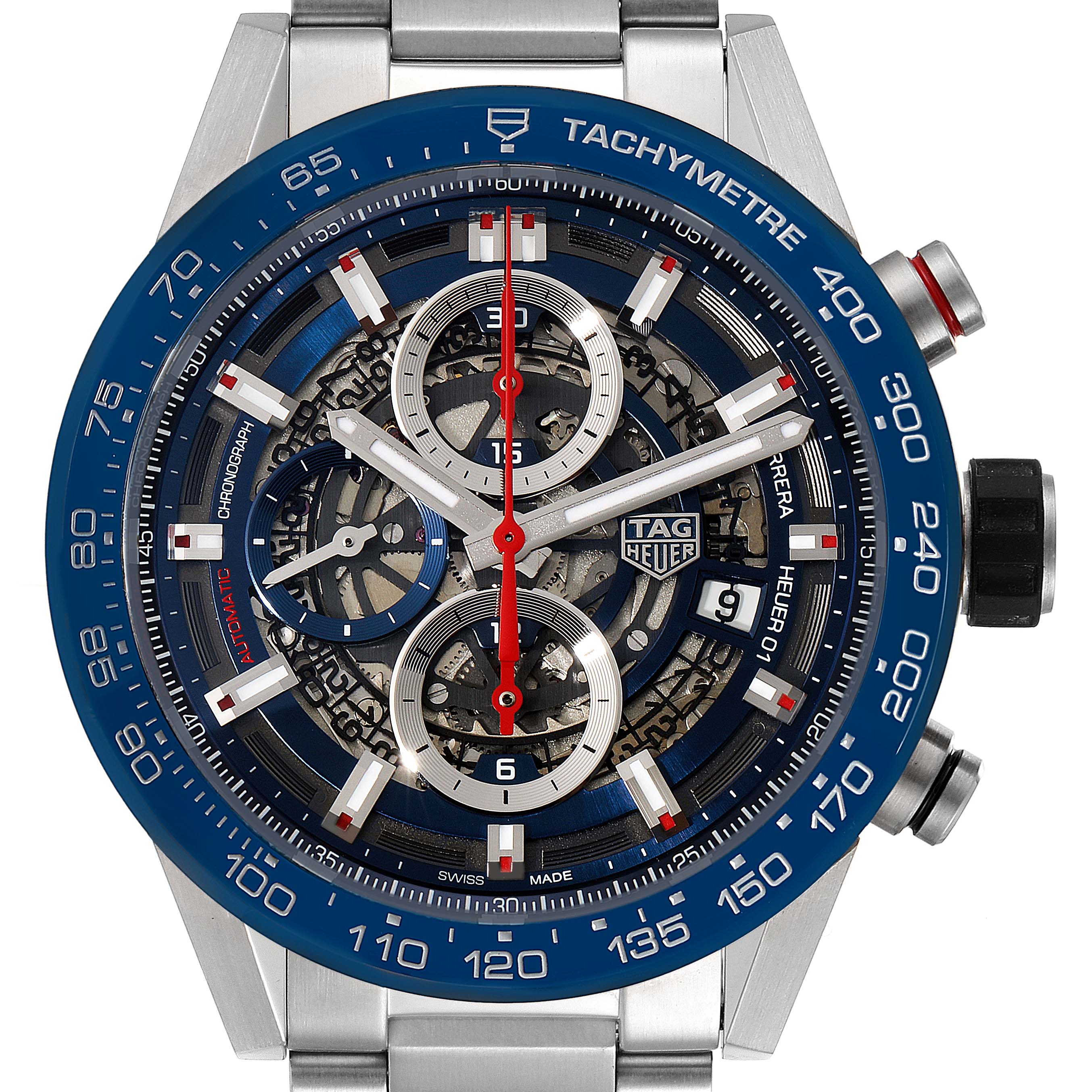 The image shows a front view of the Tag Heuer Carrera CAR201T.BA0766 Men's Stainless Steel Blue Dial CAR201T.BA0766 Men's Stainless Steel Blue Dial watch, highlighting its blue tachymeter bezel and chronograph dials.
