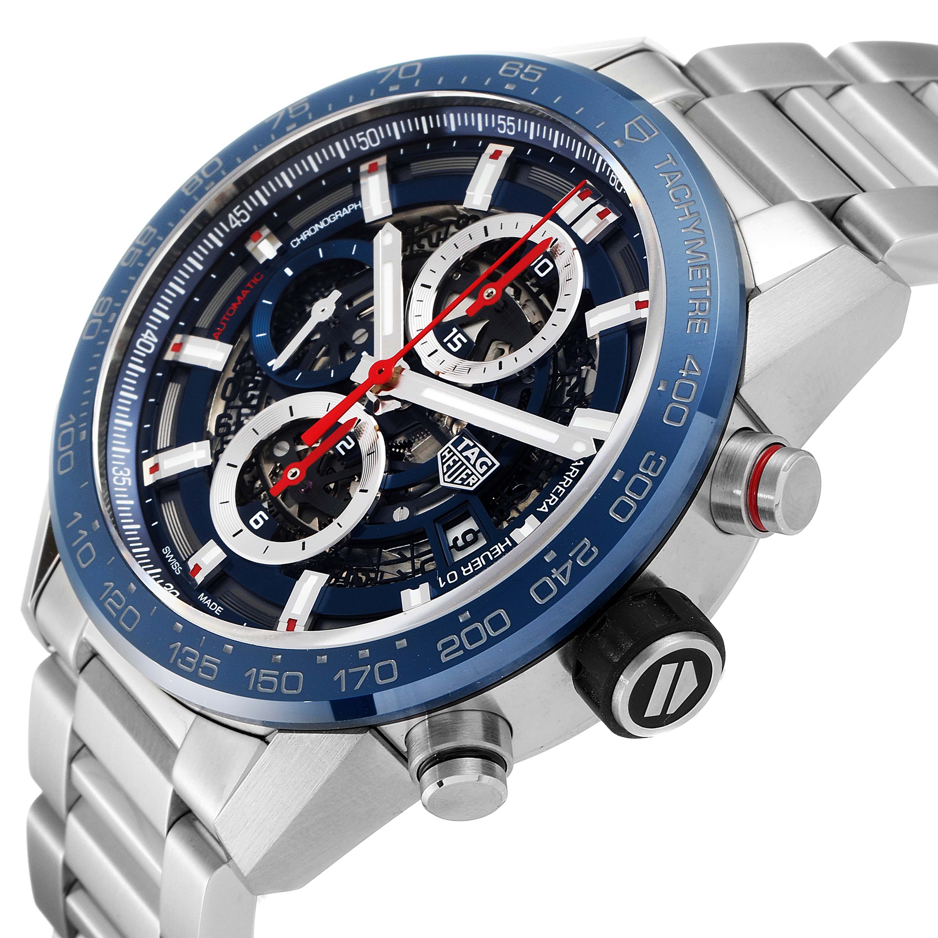 The image shows a close-up angled view of the Tag Heuer Carrera CAR201T.BA0766 Men's Stainless Steel Blue Dial CAR201T.BA0766 Men's Stainless Steel Blue Dial watch, featuring the dial, bezel, crown, and tachymetre scale.