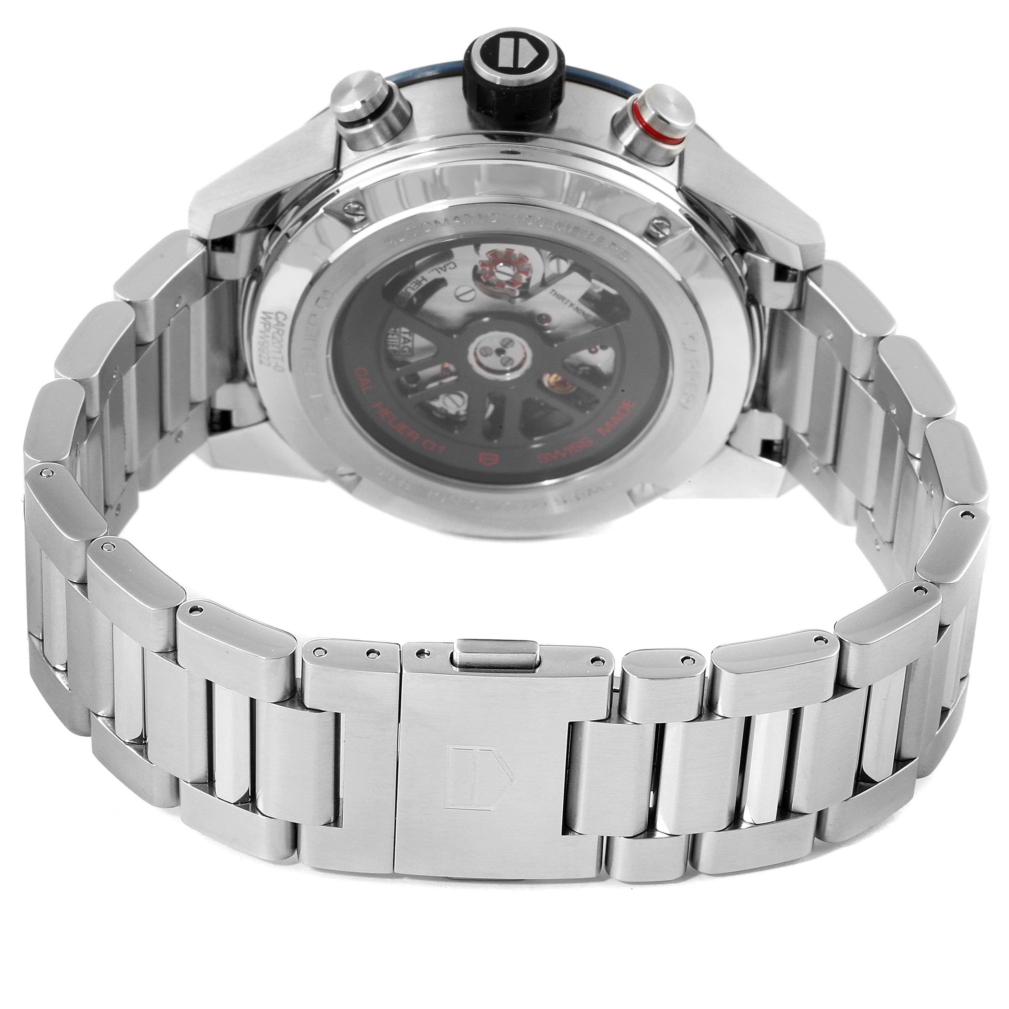 The image shows the back case and metal bracelet of the Tag Heuer Carrera CAR201T.BA0766 Men's Stainless Steel Blue Dial CAR201T.BA0766 Men's Stainless Steel Blue Dial model watch from a straight rear angle.