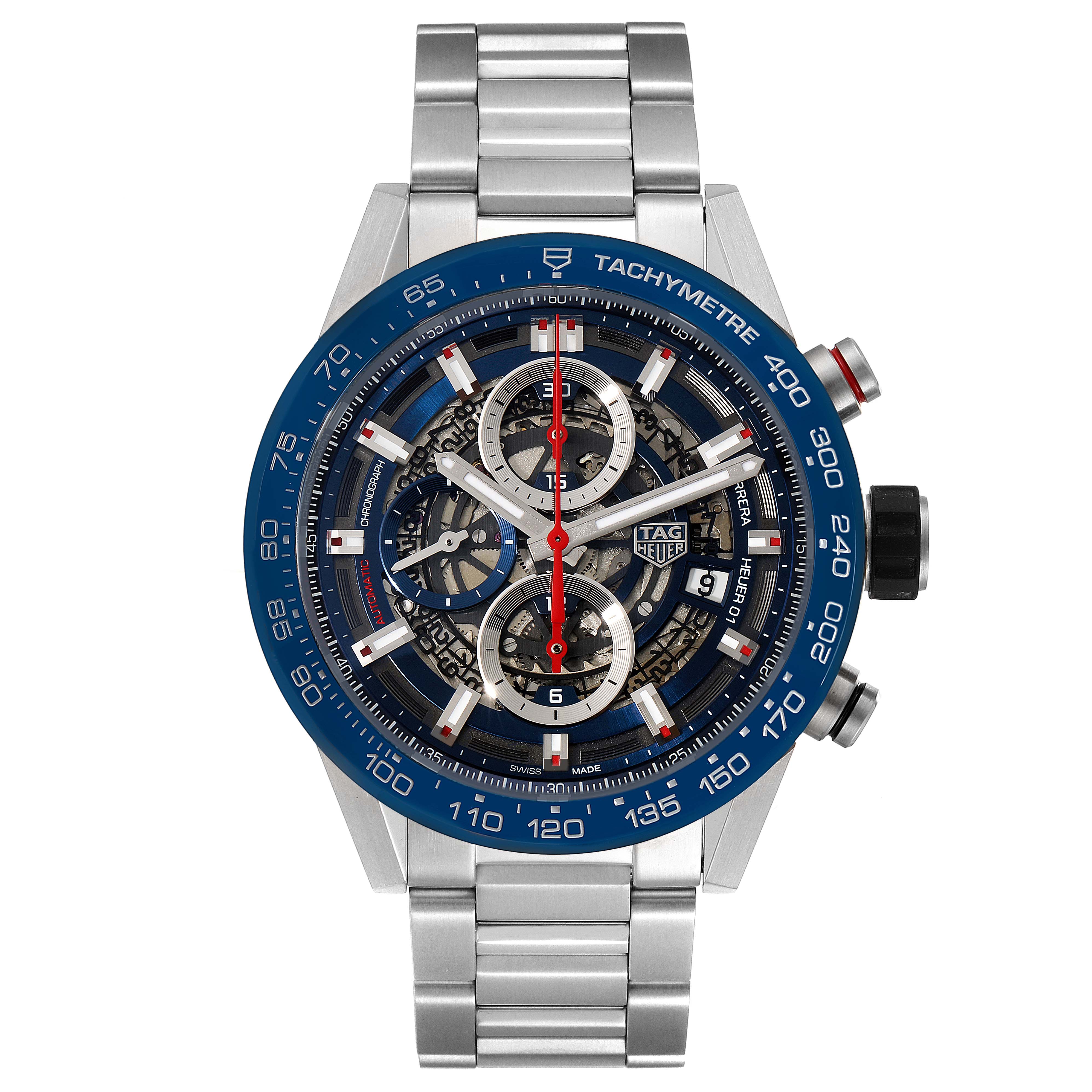 The Tag Heuer Carrera CAR201T.BA0766 Men's Stainless Steel Blue Dial CAR201T.BA0766 Men's Stainless Steel Blue Dial model is shown from the front, featuring a blue tachymeter bezel and a silver metal bracelet.