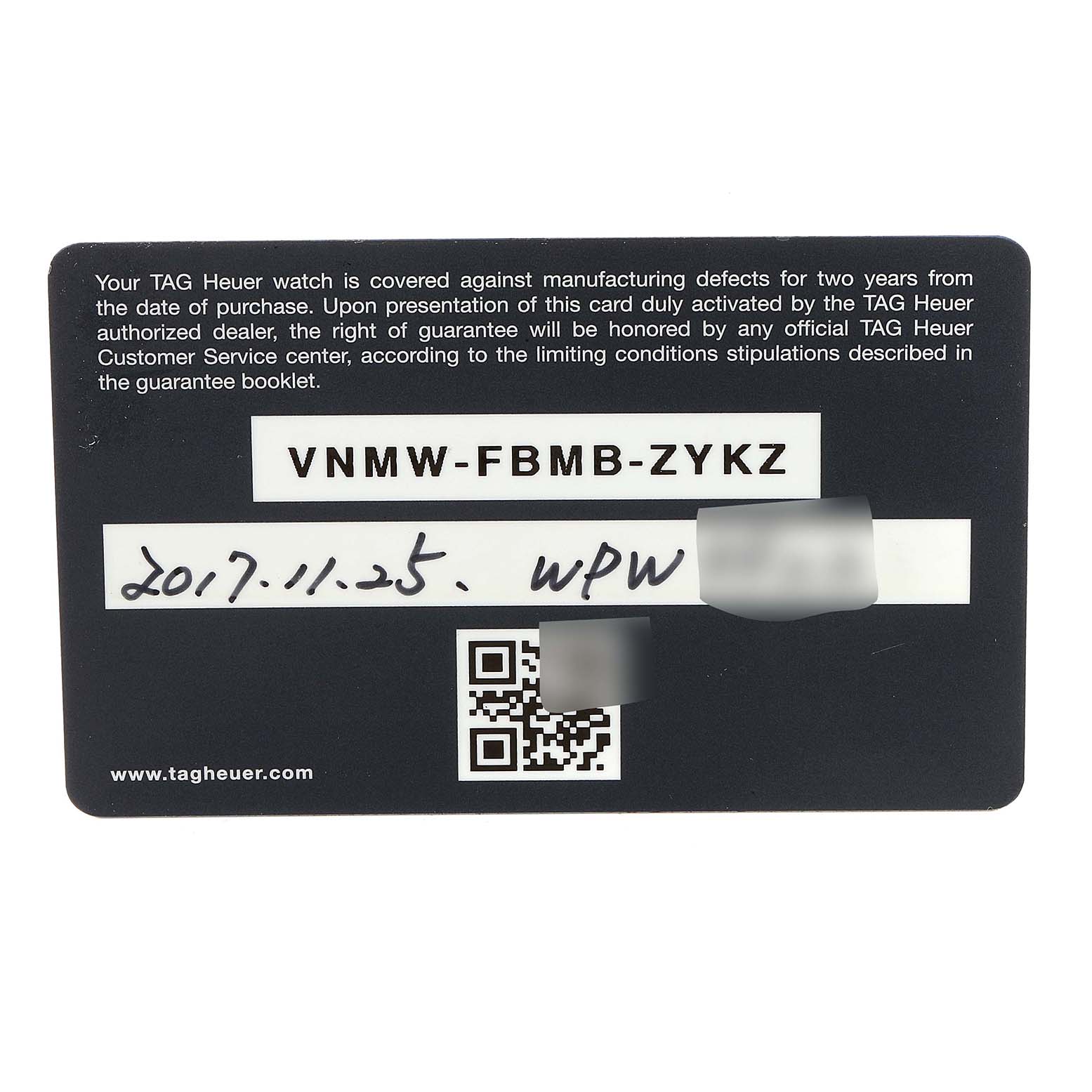 This image shows the guarantee card for the Carrera model by Tag Heuer.