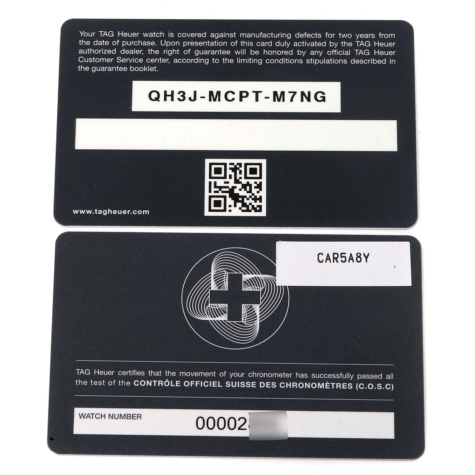 The image shows warranty and certification cards for a Tag Heuer Carrera CAR5A8Y.FC6377 Men's Titanium Black Dial CAR5A8Y.FC6377 Men's Titanium Black Dial watch.