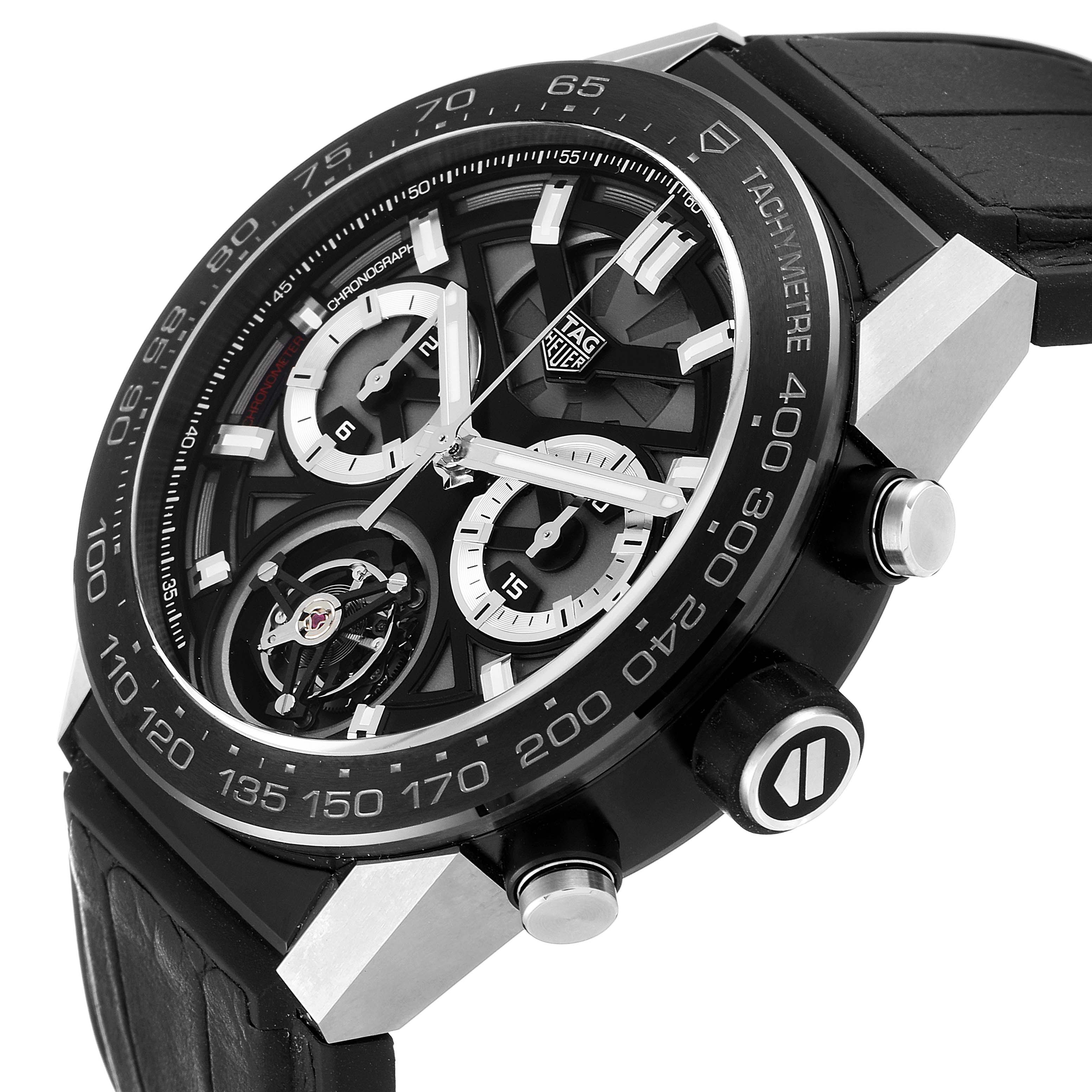 This Tag Heuer Carrera CAR5A8Y.FC6377 Men's Titanium Black Dial CAR5A8Y.FC6377 Men's Titanium Black Dial watch is shown at an angled side view, highlighting the dial, chronograph sub-dials, and pushers.