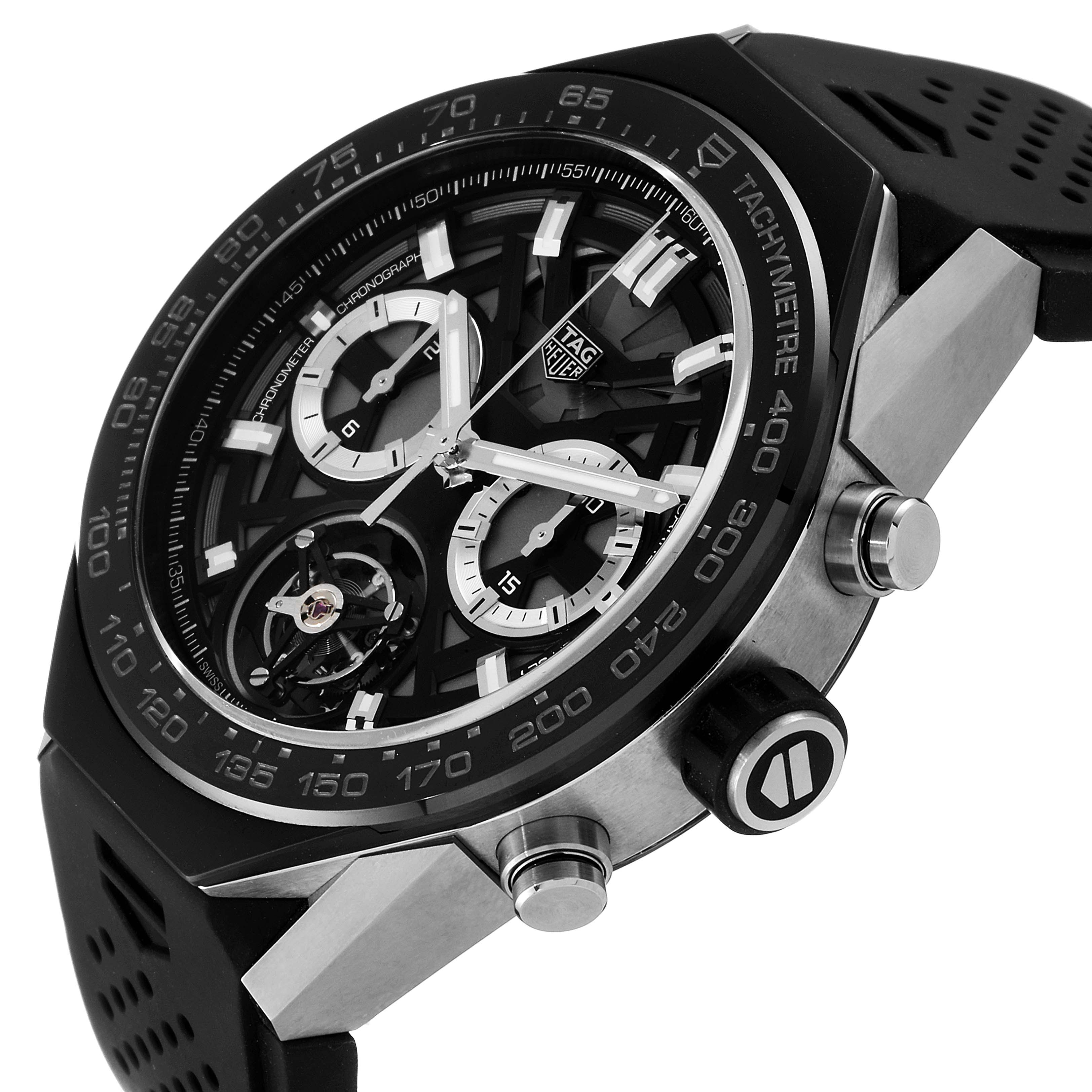The image shows a side angle of a Tag Heuer Carrera ACBF5A80 Men's Titanium Black Dial ACBF5A80 Men's Titanium Black Dial watch, highlighting its black bezel, chronograph dials, and tachymeter scale.