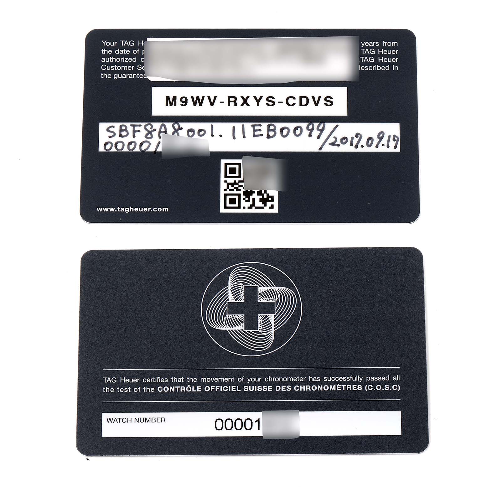 This image shows two identification and certification cards for a Tag Heuer Carrera ACBF5A80 Men's Titanium Black Dial ACBF5A80 Men's Titanium Black Dial model watch.
