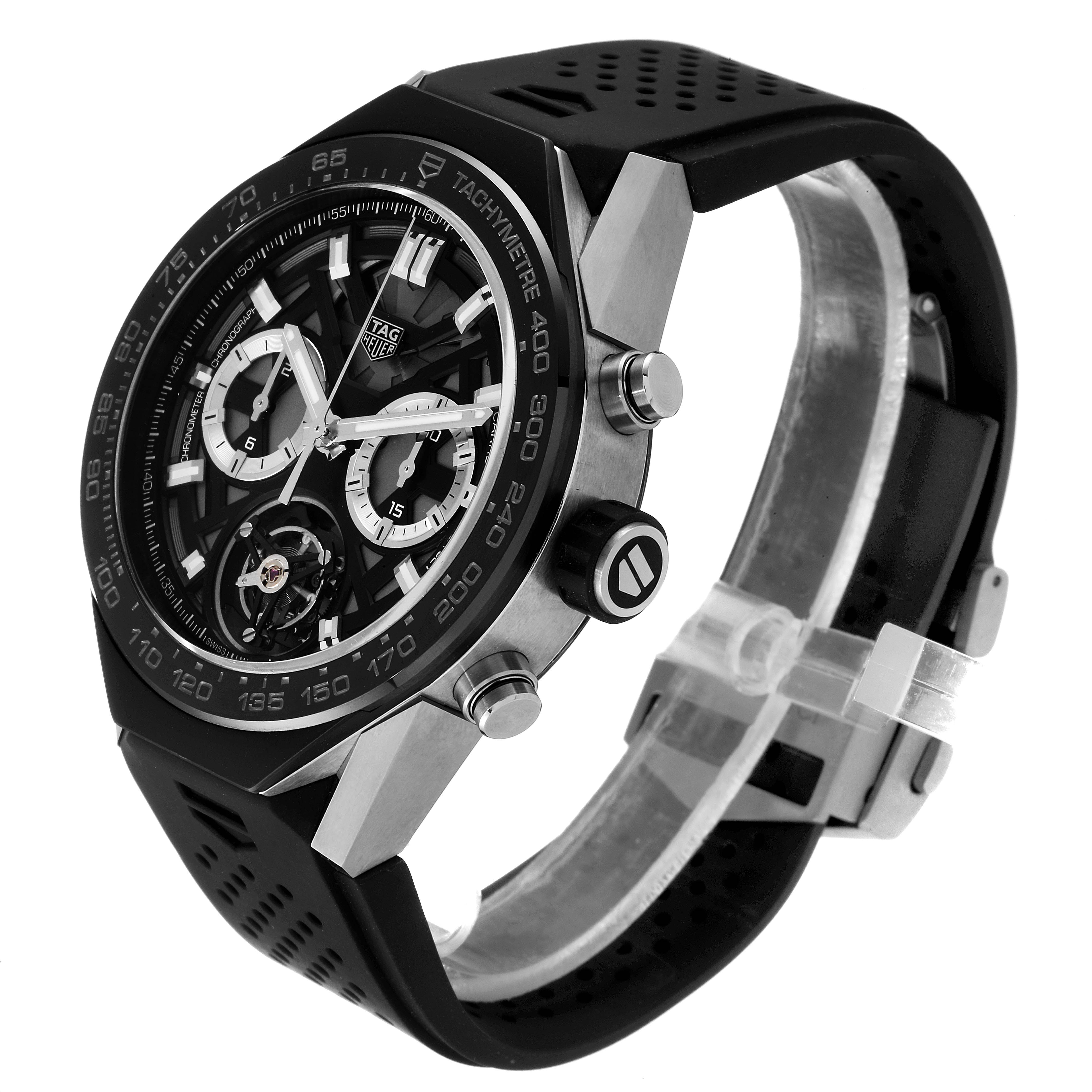 The image shows a side angle of the Tag Heuer Carrera ACBF5A80 Men's Titanium Black Dial ACBF5A80 Men's Titanium Black Dial watch, highlighting the face, bezel, crown, and strap.