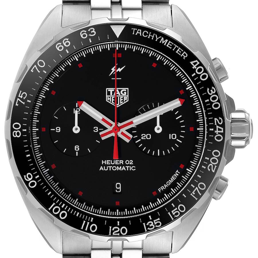 The image shows a front view of the Tag Heuer Formula 1 Heuer 02 Automatic watch, highlighting the face, bezel, crown, and bracelet.