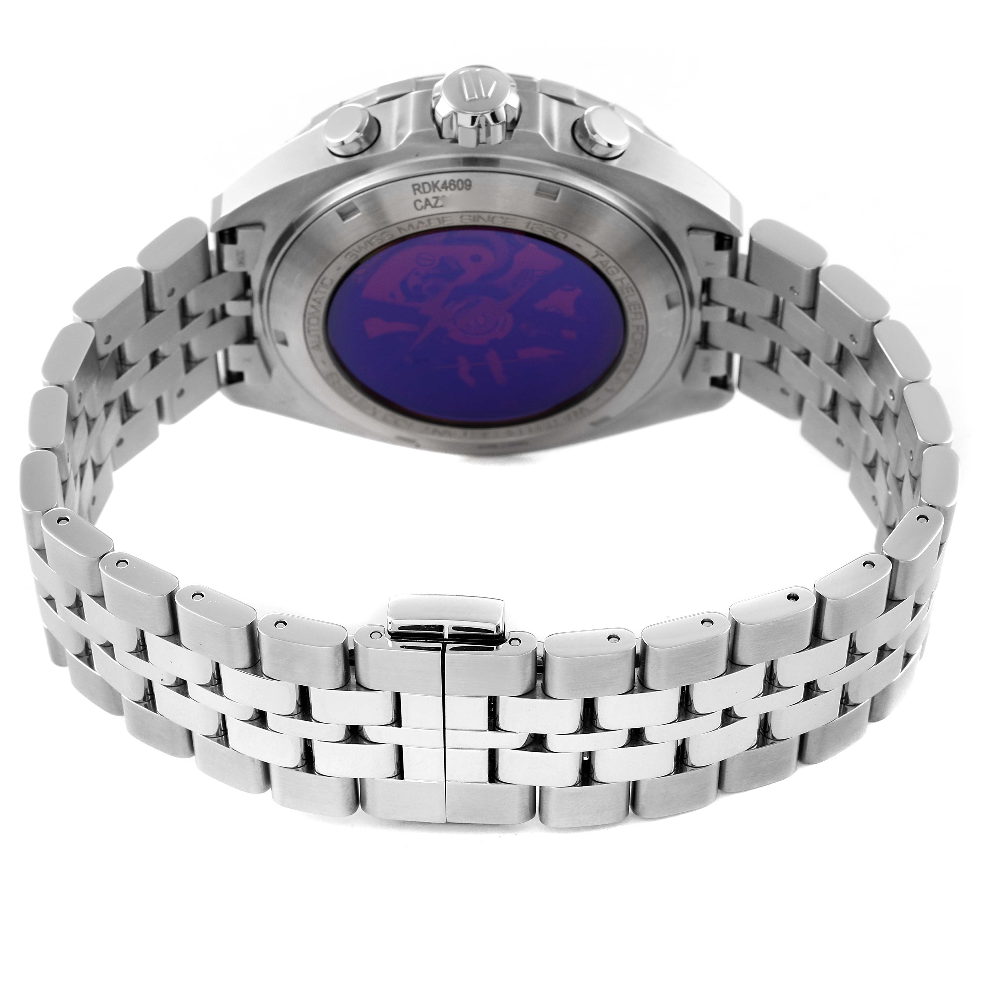 The image shows the back and bracelet of a Tag Heuer Formula 1 CAZ201A.BA0641 Men's Stainless Steel Black Dial CAZ201A.BA0641 Men's Stainless Steel Black Dial watch from a rear angle.