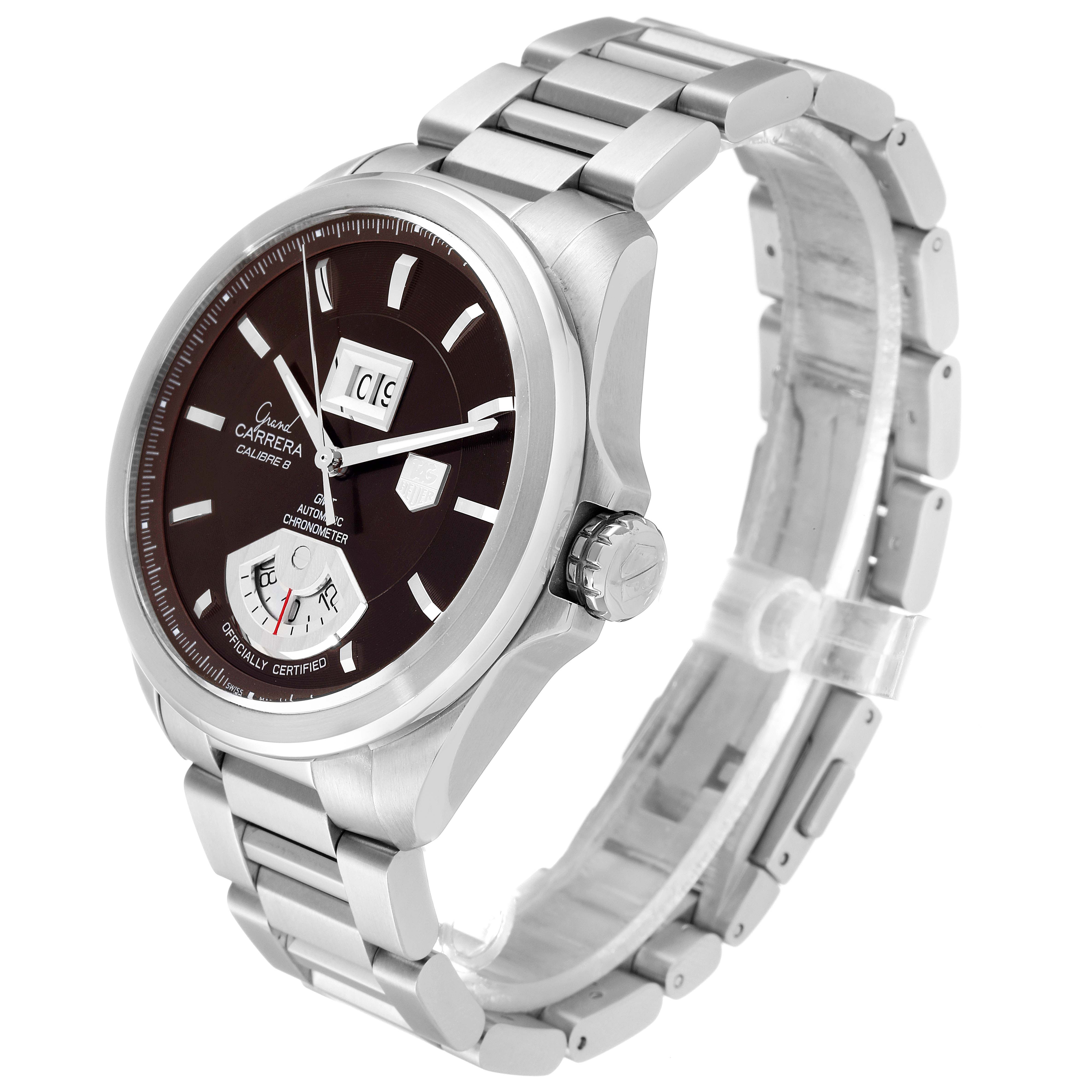 The image shows a side angle of a Tag Heuer Carrera WAV5113.BA0901 Men's Stainless Steel Brown Dial WAV5113.BA0901 Men's Stainless Steel Brown Dial watch, including its face, crown, bezel, and bracelet.