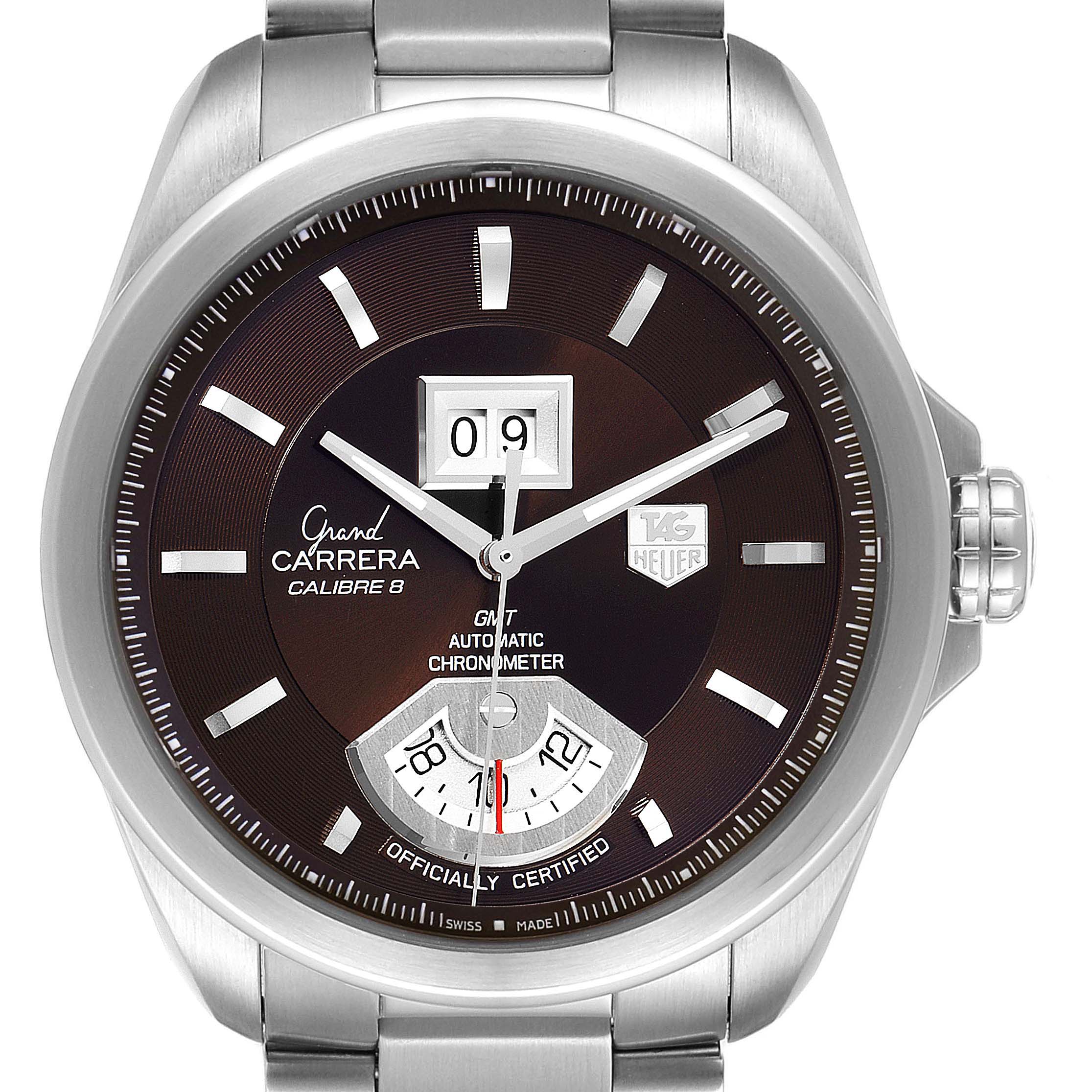 The image shows a front view of the Tag Heuer Carrera WAV5113.BA0901 Men's Stainless Steel Brown Dial WAV5113.BA0901 Men's Stainless Steel Brown Dial watch, displaying its face, bezel, crown, and part of the stainless steel bracelet.