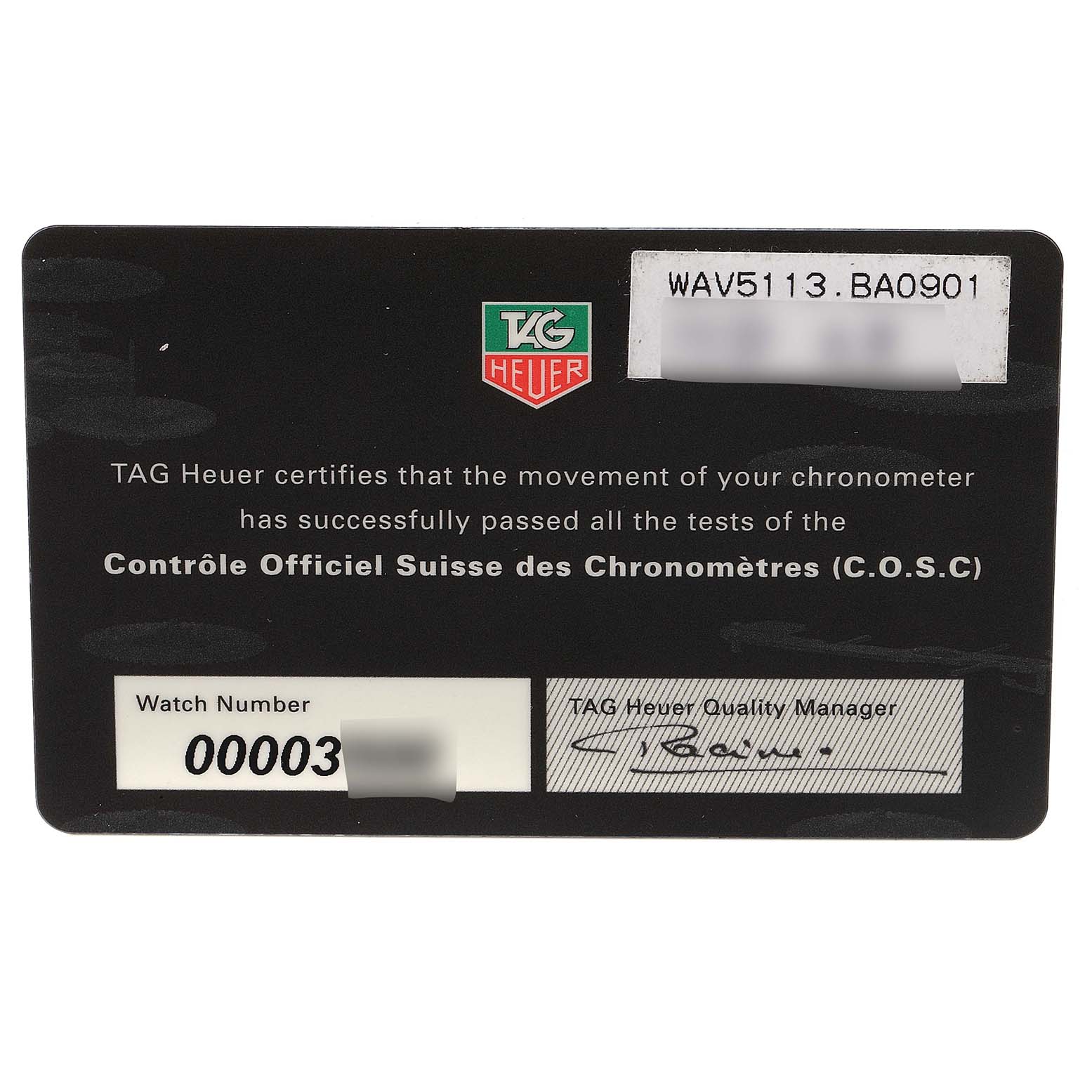 This image shows a certification card for the Carrera model by Tag Heuer, confirming it passed COSC tests.
