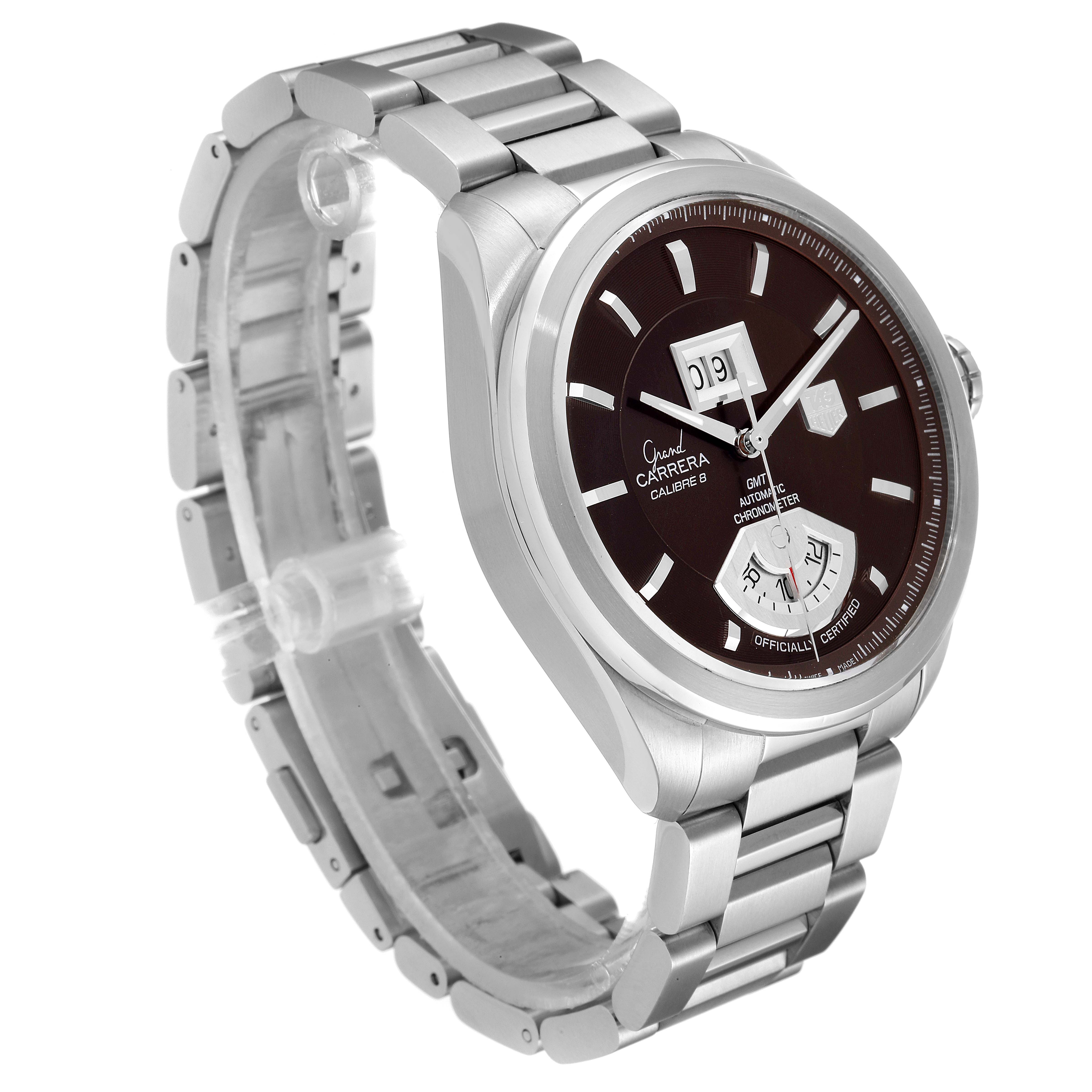 The image shows a side angle view of a Tag Heuer Carrera WAV5113.BA0901 Men's Stainless Steel Brown Dial WAV5113.BA0901 Men's Stainless Steel Brown Dial watch, highlighting its face and stainless steel bracelet.