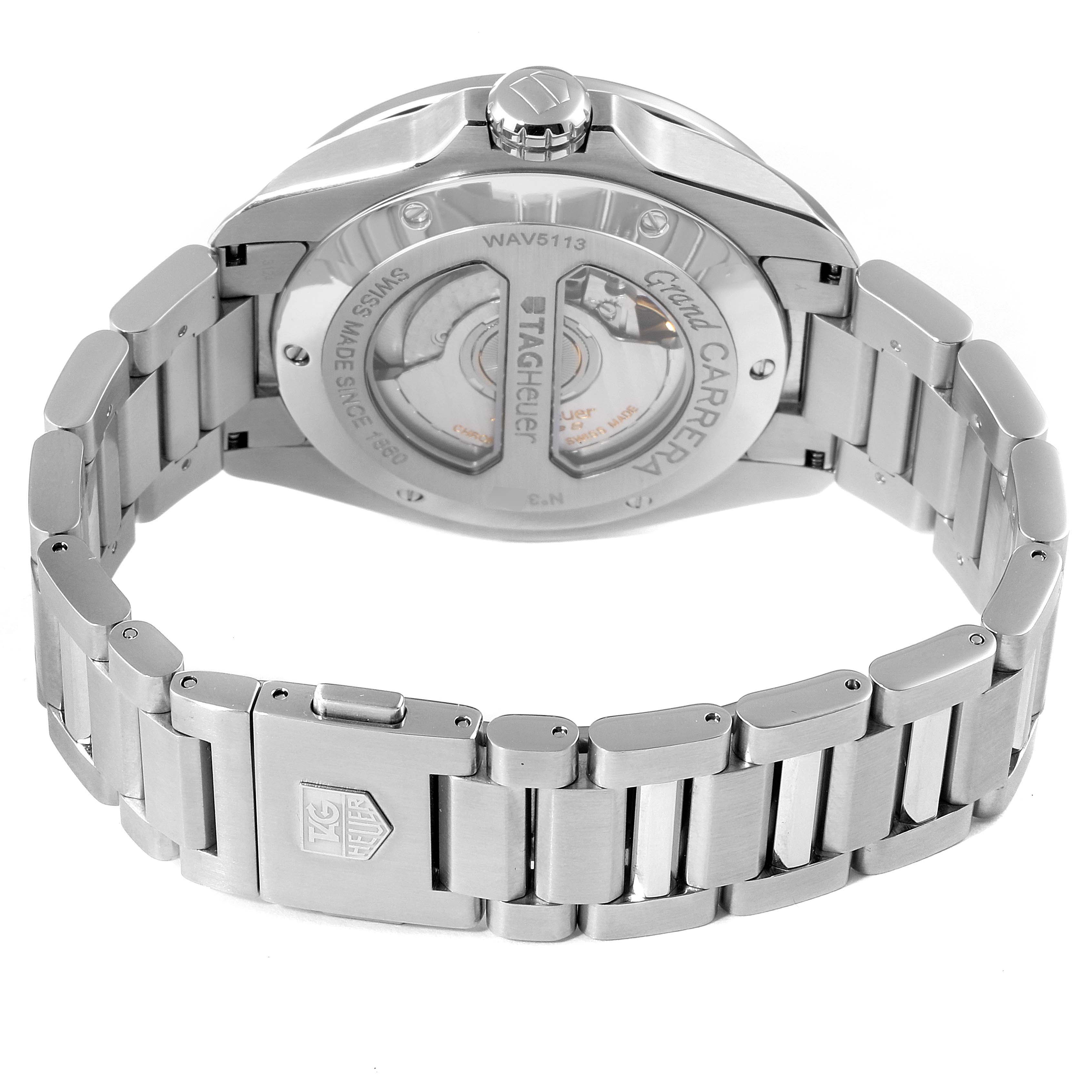 The image shows the back and bracelet of a Tag Heuer Carrera WAV5113.BA0901 Men's Stainless Steel Brown Dial WAV5113.BA0901 Men's Stainless Steel Brown Dial watch, highlighting the watch’s case back and link design.