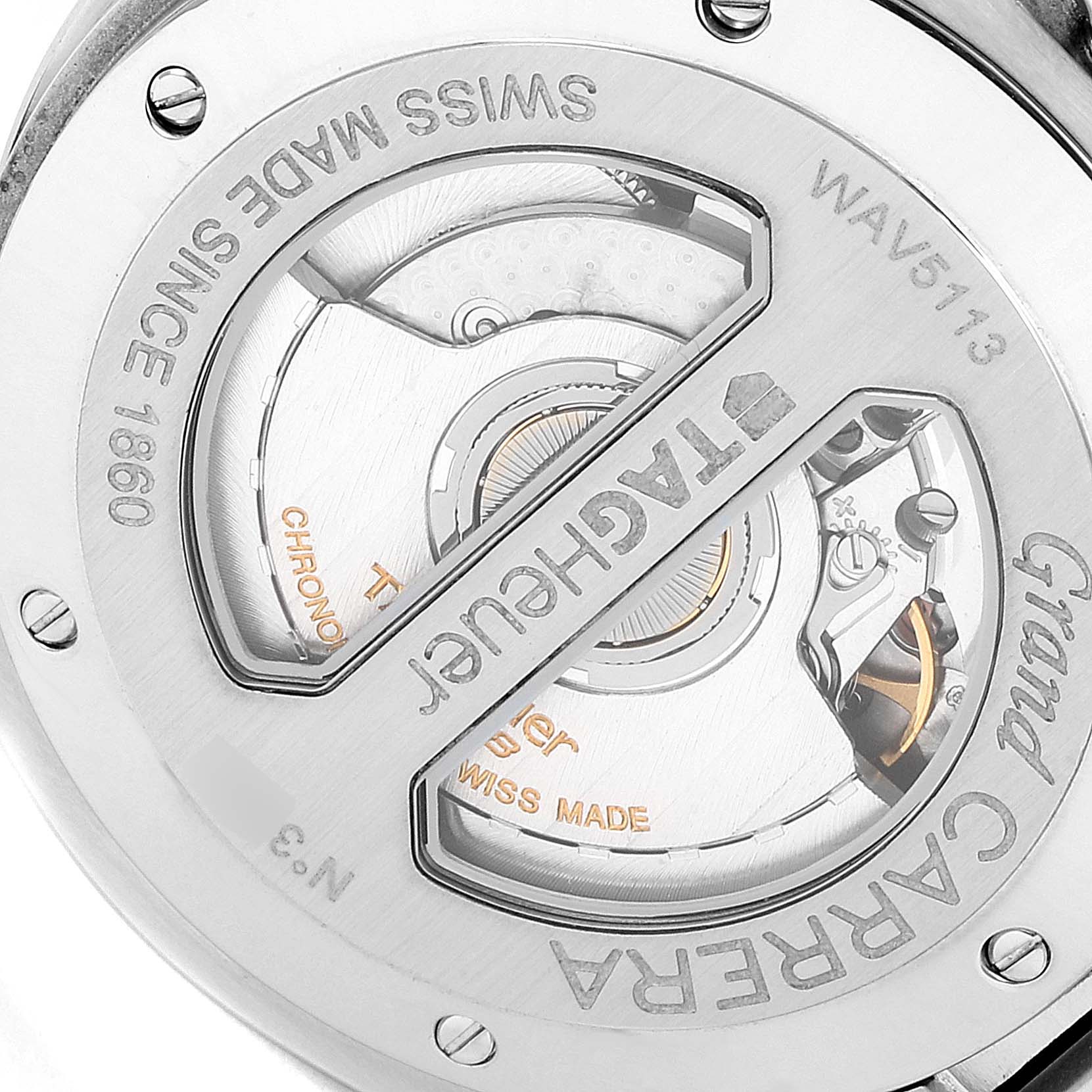 This image shows the back view of a Tag Heuer Carrera WAV5113.BA0901 Men's Stainless Steel Brown Dial WAV5113.BA0901 Men's Stainless Steel Brown Dial watch, highlighting its inner mechanisms and engravings.