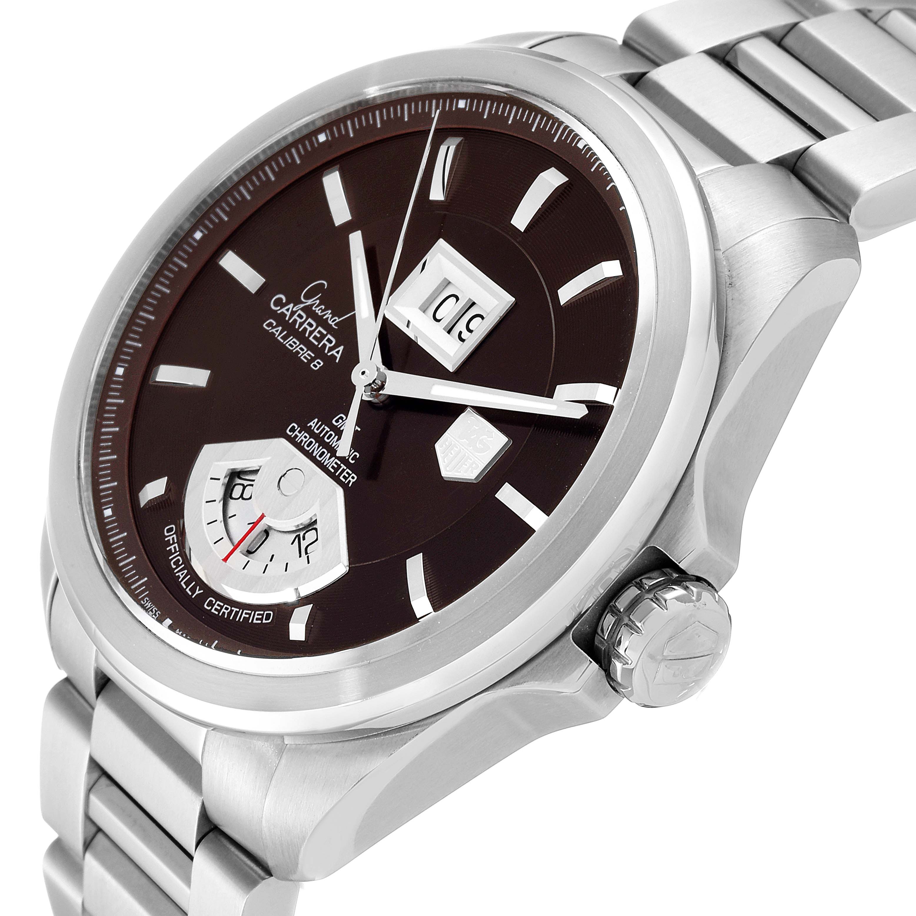 The image shows a Tag Heuer Carrera WAV5113.BA0901 Men's Stainless Steel Brown Dial WAV5113.BA0901 Men's Stainless Steel Brown Dial watch at an angled side view, highlighting the dial, case, and part of the bracelet.