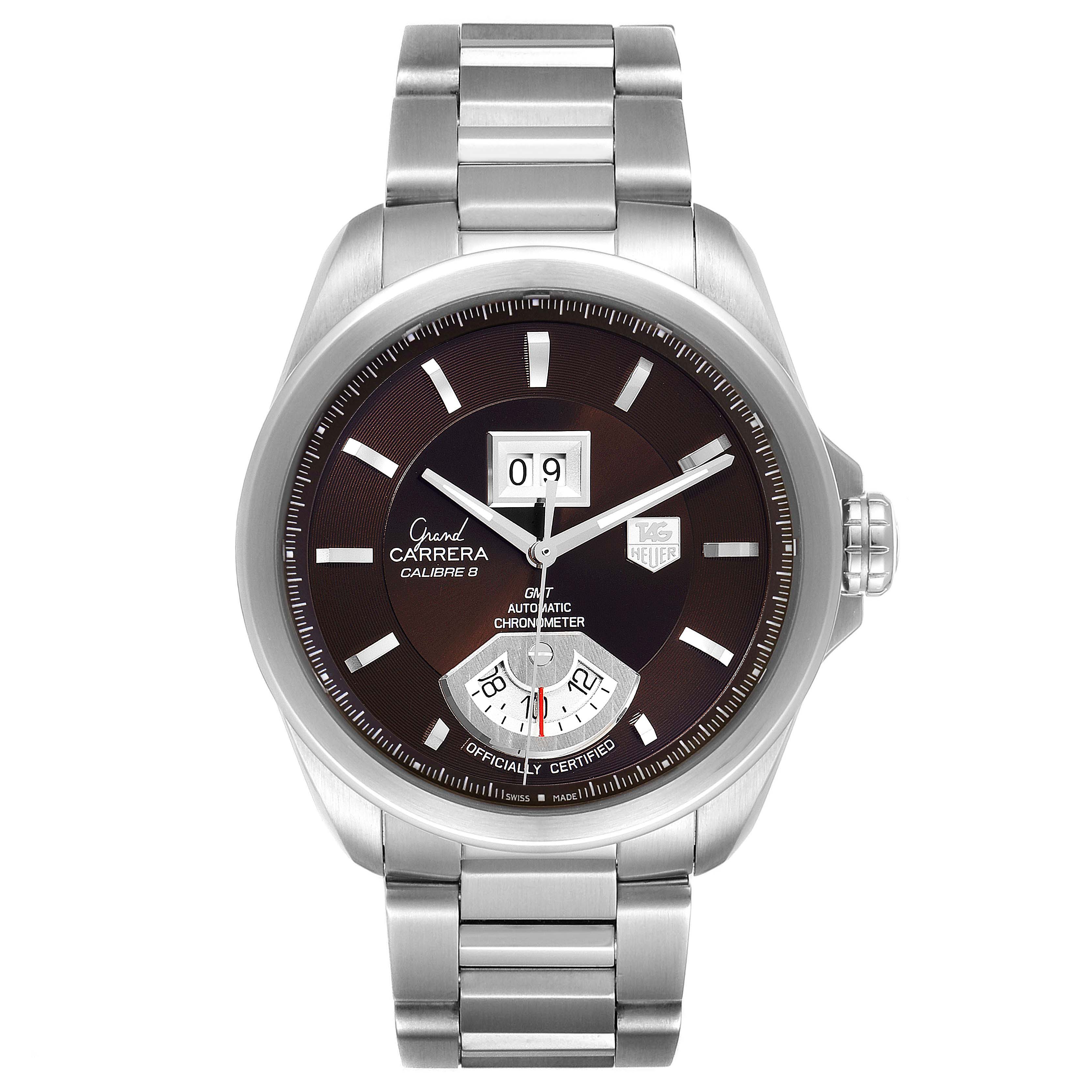 The image shows a front view of the Tag Heuer Carrera WAV5113.BA0901 Men's Stainless Steel Brown Dial WAV5113.BA0901 Men's Stainless Steel Brown Dial model watch, highlighting its dial, hands, markers, and bracelet.