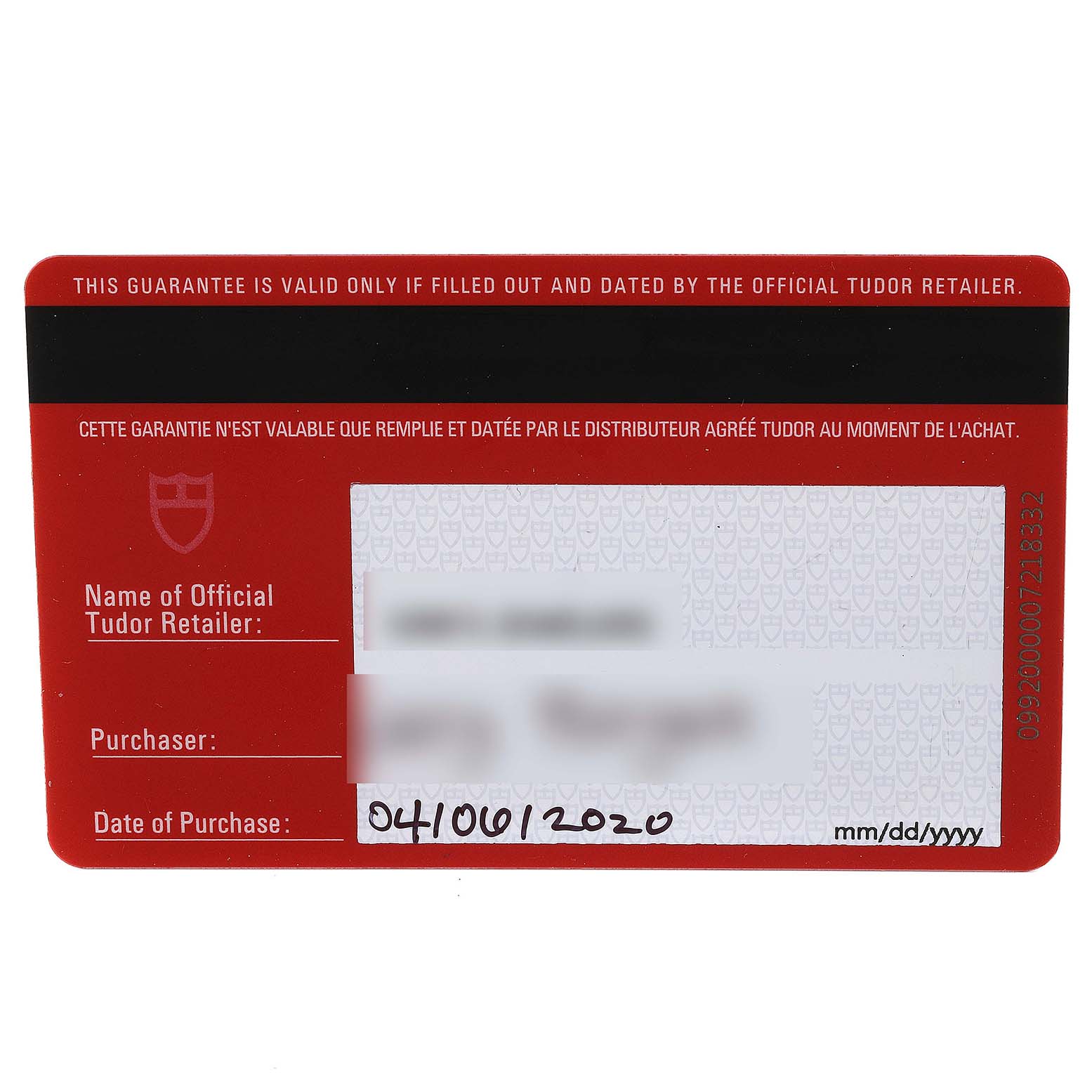 This image shows the warranty card for the Tudor 1926 M91650-0005 Men's Stainless Steel Silver Dial M91650-0005 Men's Stainless Steel Silver Dial model watch, featuring information fields and a partial serial number.