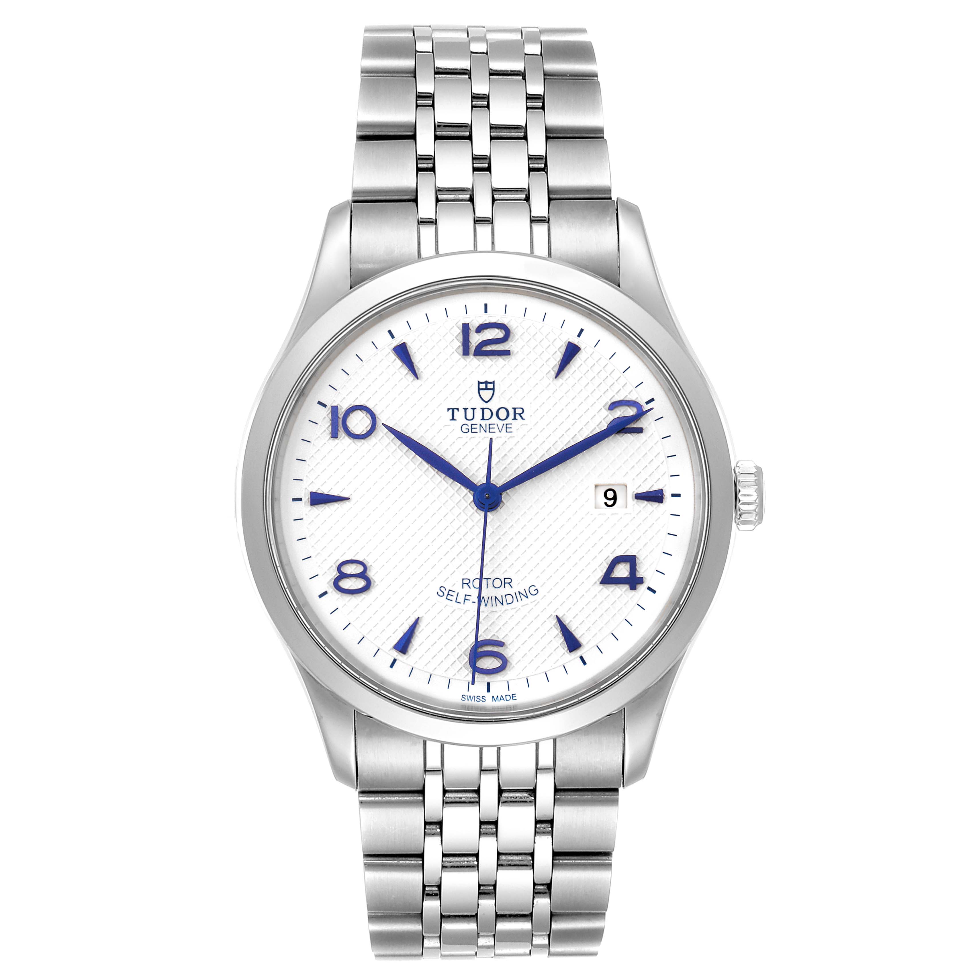 This image displays a front view of the Tudor 1926 M91650-0005 Men's Stainless Steel Silver Dial M91650-0005 Men's Stainless Steel Silver Dial model watch, showing the face, numerals, hands, date window, and metal bracelet.