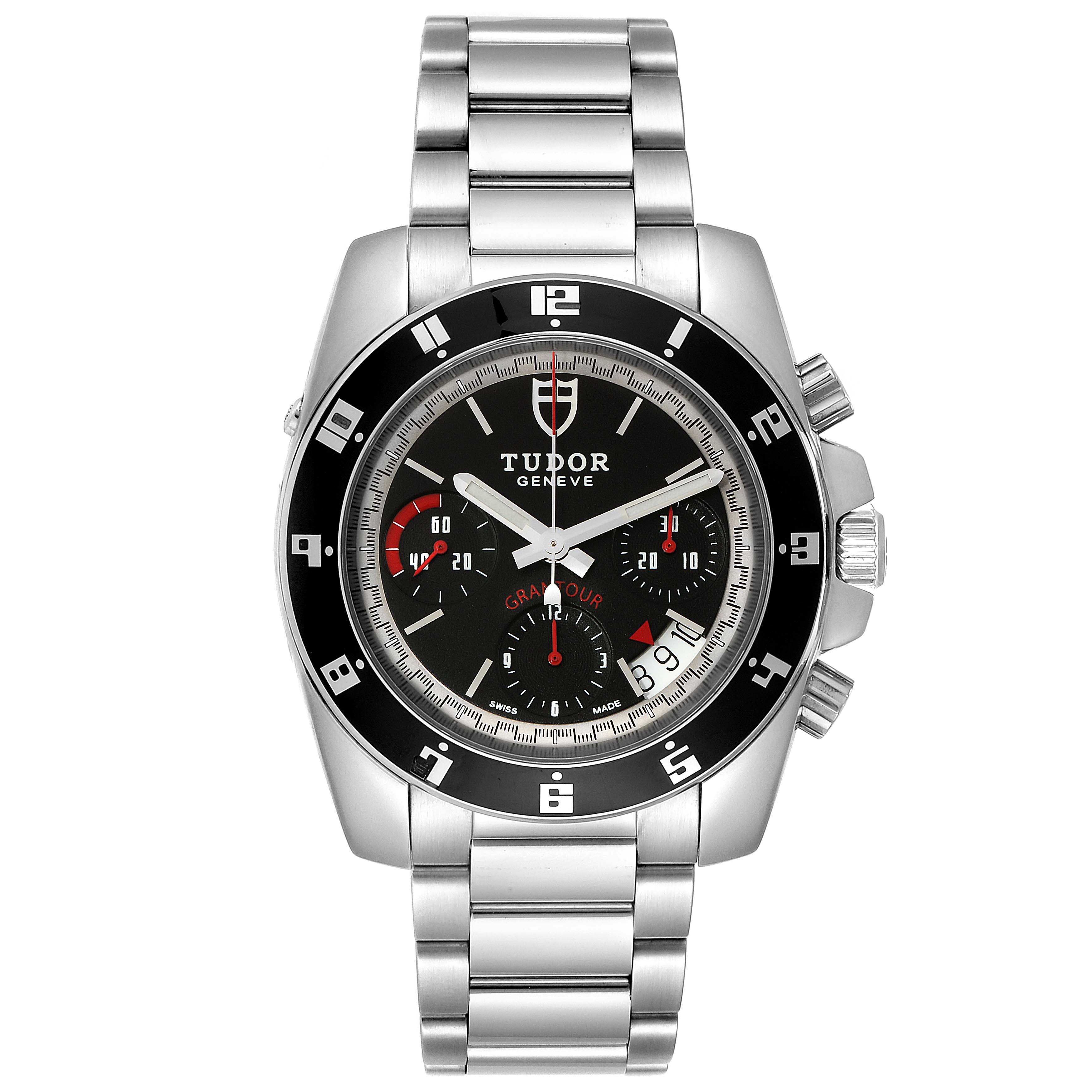 The image shows the Tudor Grantour 20350N Men's Stainless Steel Black Dial 20350N Men's Stainless Steel Black Dial watch from the front, showcasing its dial, bezel, pushers, and bracelet.