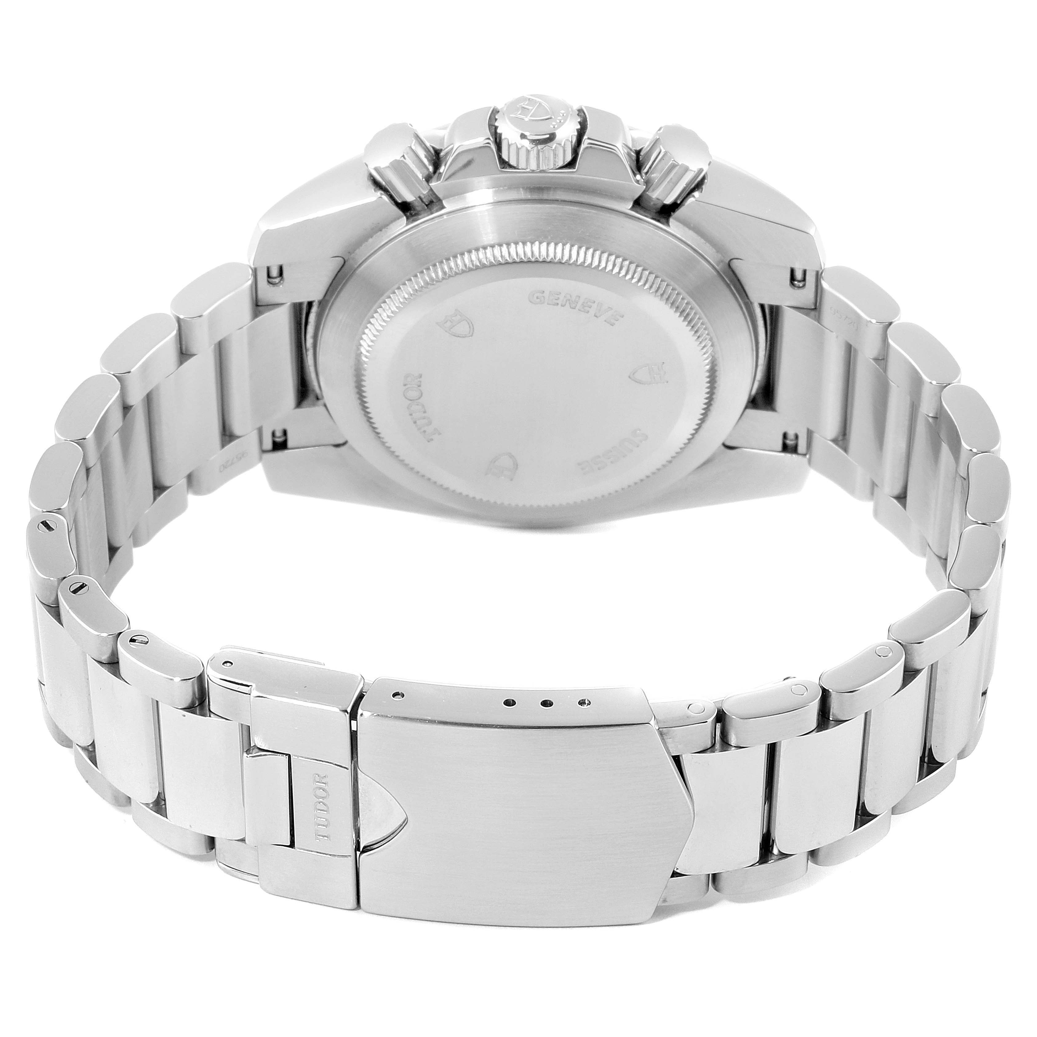 The image shows the back and bracelet clasp of the Tudor Grantour 20350N Men's Stainless Steel Black Dial 20350N Men's Stainless Steel Black Dial watch at a rear angle.