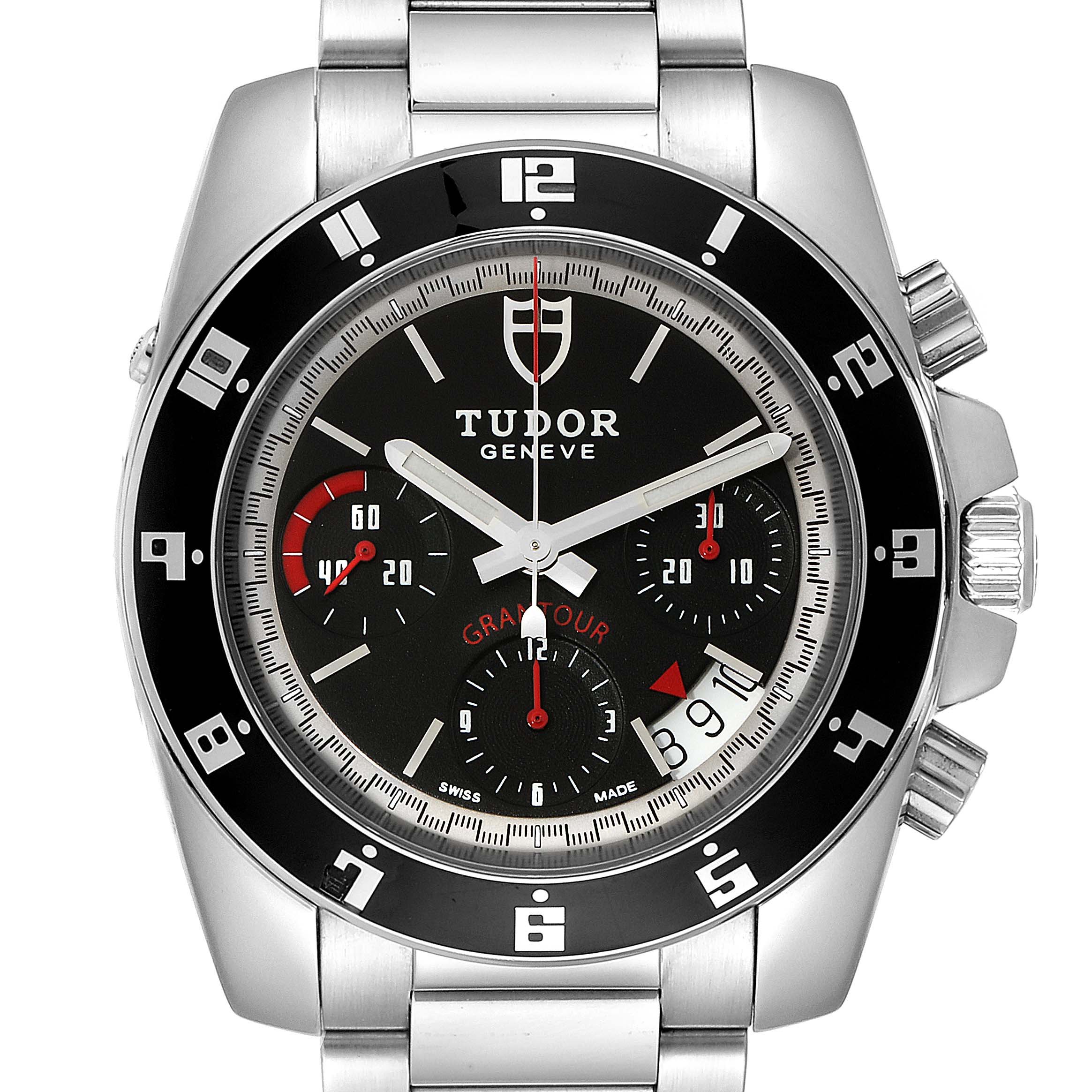 This image shows a front view of the Tudor Grantour 20350N Men's Stainless Steel Black Dial 20350N Men's Stainless Steel Black Dial watch, highlighting the bezel, dial, sub-dials, hands, and date window.