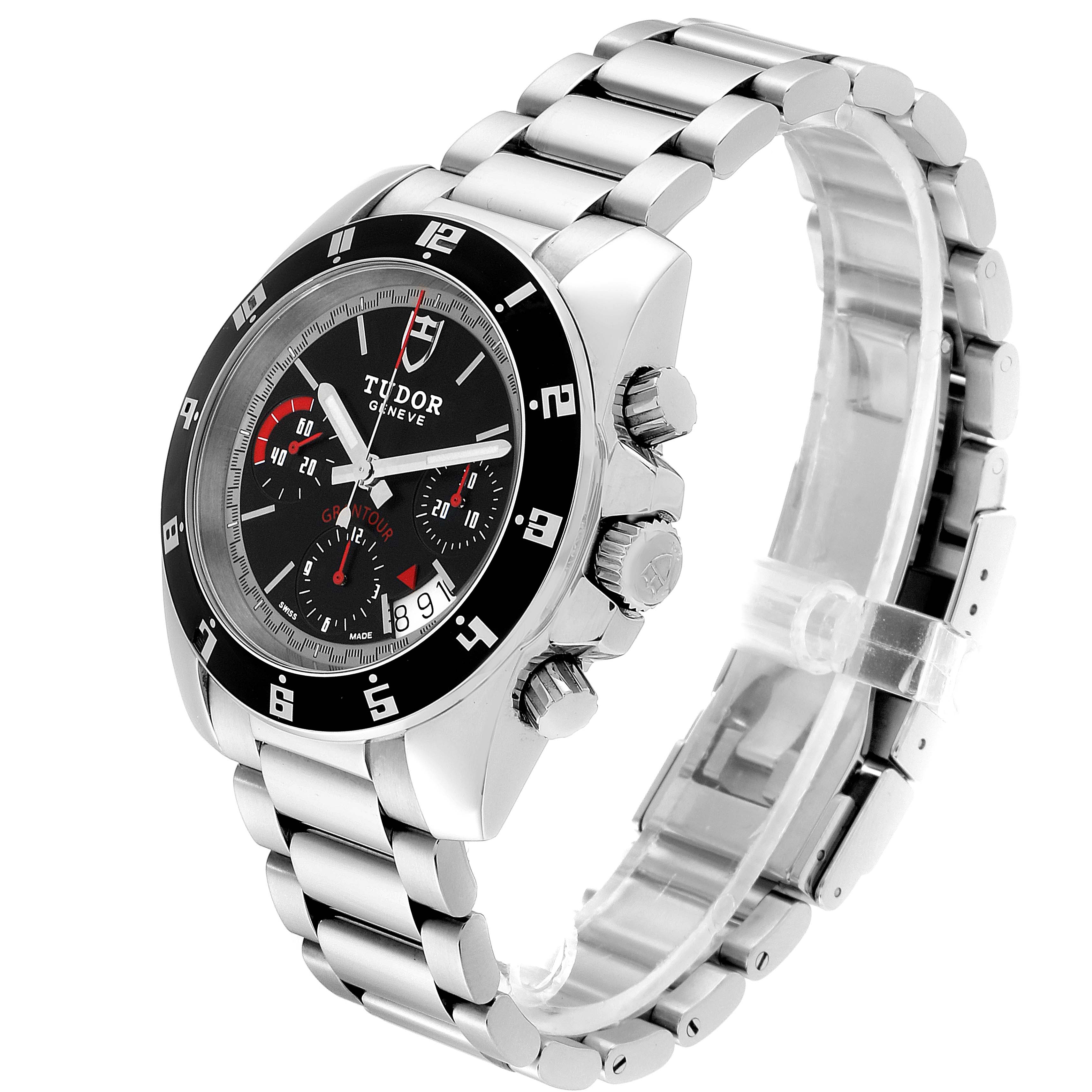 The Tudor Grantour 20350N Men's Stainless Steel Black Dial 20350N Men's Stainless Steel Black Dial watch is shown at a three-quarter angle, displaying the face, bezel, side buttons, and bracelet.