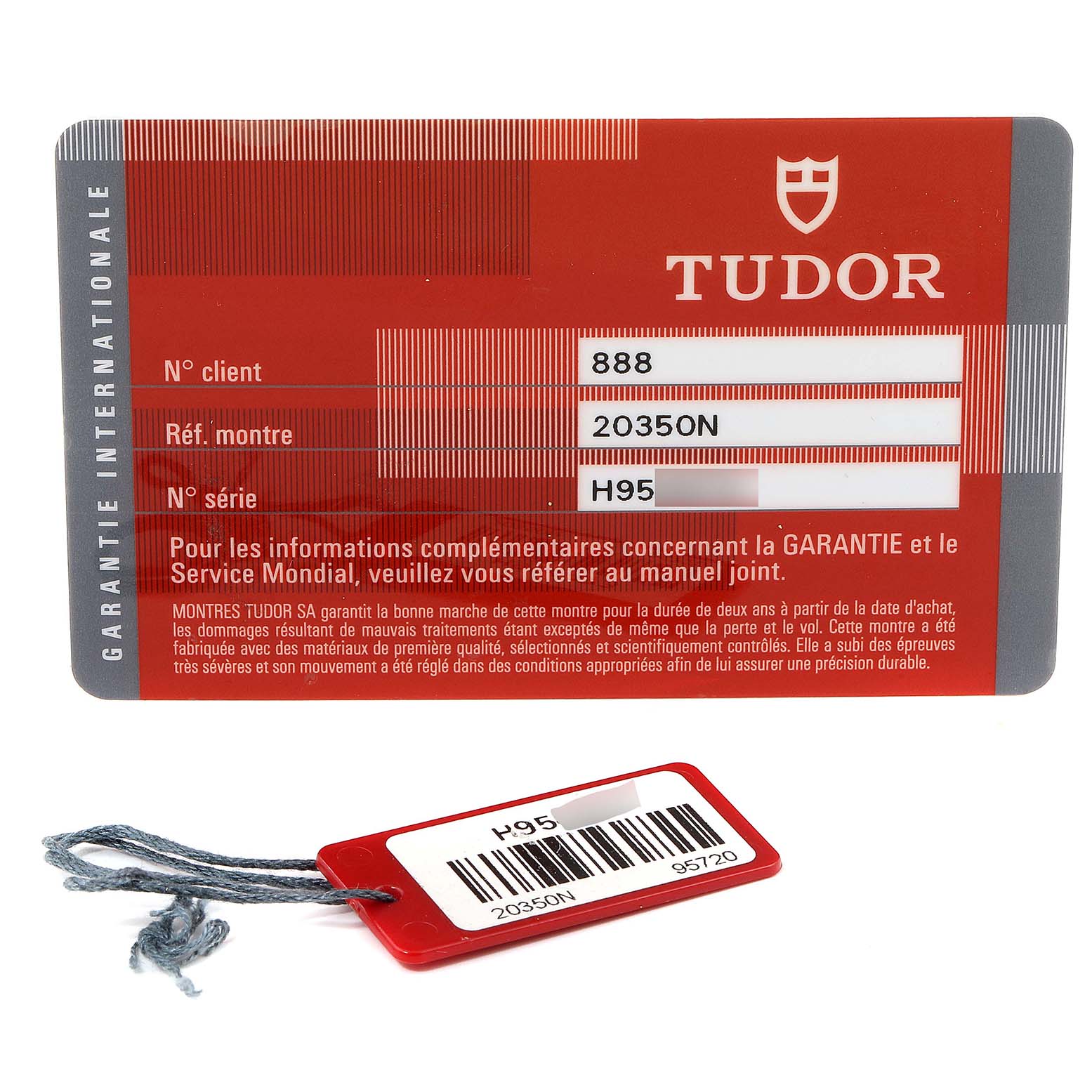 The image shows the warranty card and tag for a Tudor Grantour 20350N Men's Stainless Steel Black Dial 20350N Men's Stainless Steel Black Dial watch.