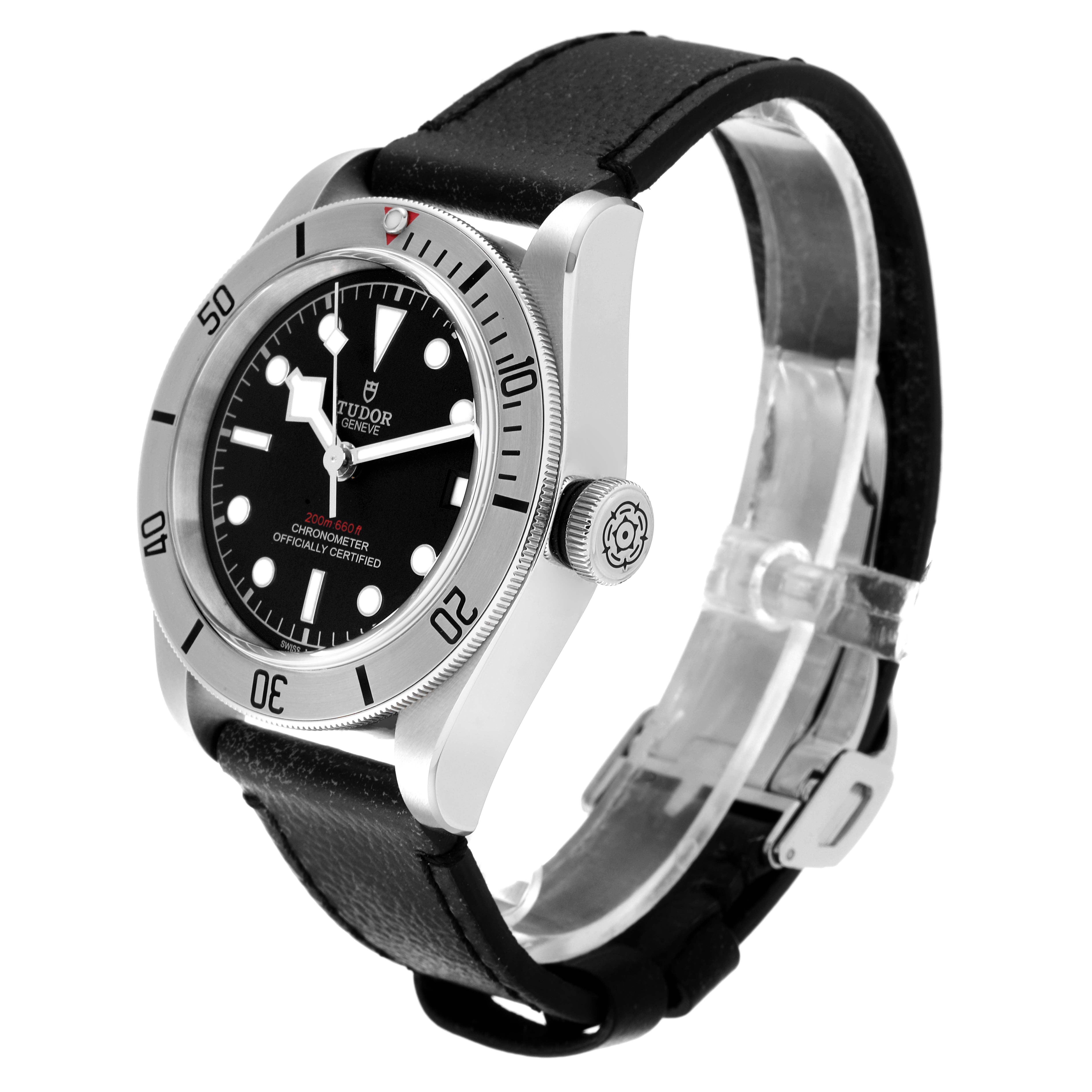 The image shows a Tudor Heritage Black Bay 55020 Men's Stainless Steel Black Dial 55020 Men's Stainless Steel Black Dial watch at an oblique angle, highlighting the case, dial, bezel, crown, and black strap.