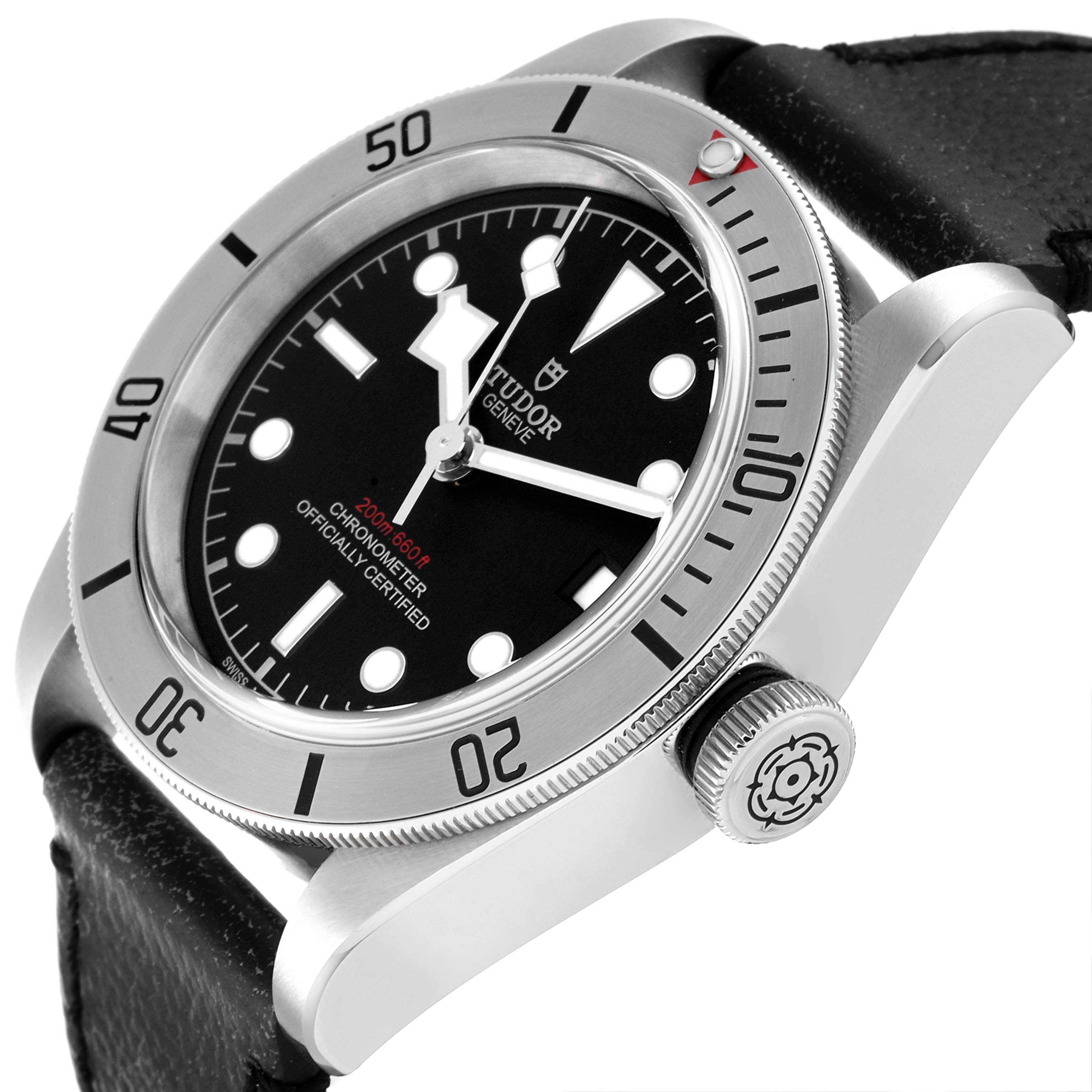 The Tudor Heritage Black Bay 55020 Men's Stainless Steel Black Dial 55020 Men's Stainless Steel Black Dial watch is shown at an angled side view, highlighting the bezel, crown, and part of the black strap.