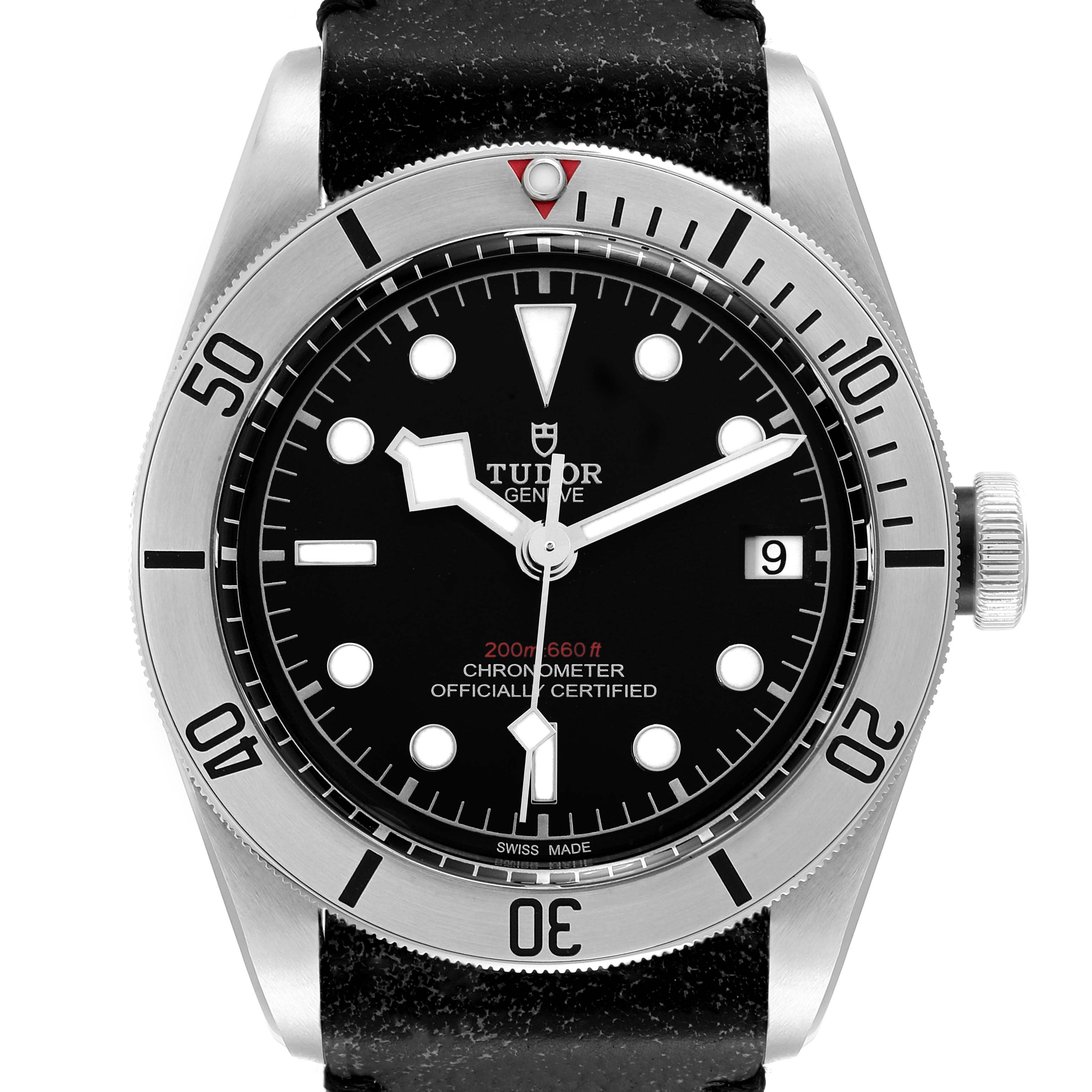 This is a front view of the Tudor Heritage Black Bay 55020 Men's Stainless Steel Black Dial 55020 Men's Stainless Steel Black Dial watch, showcasing its dial, bezel, crown, and part of the strap.