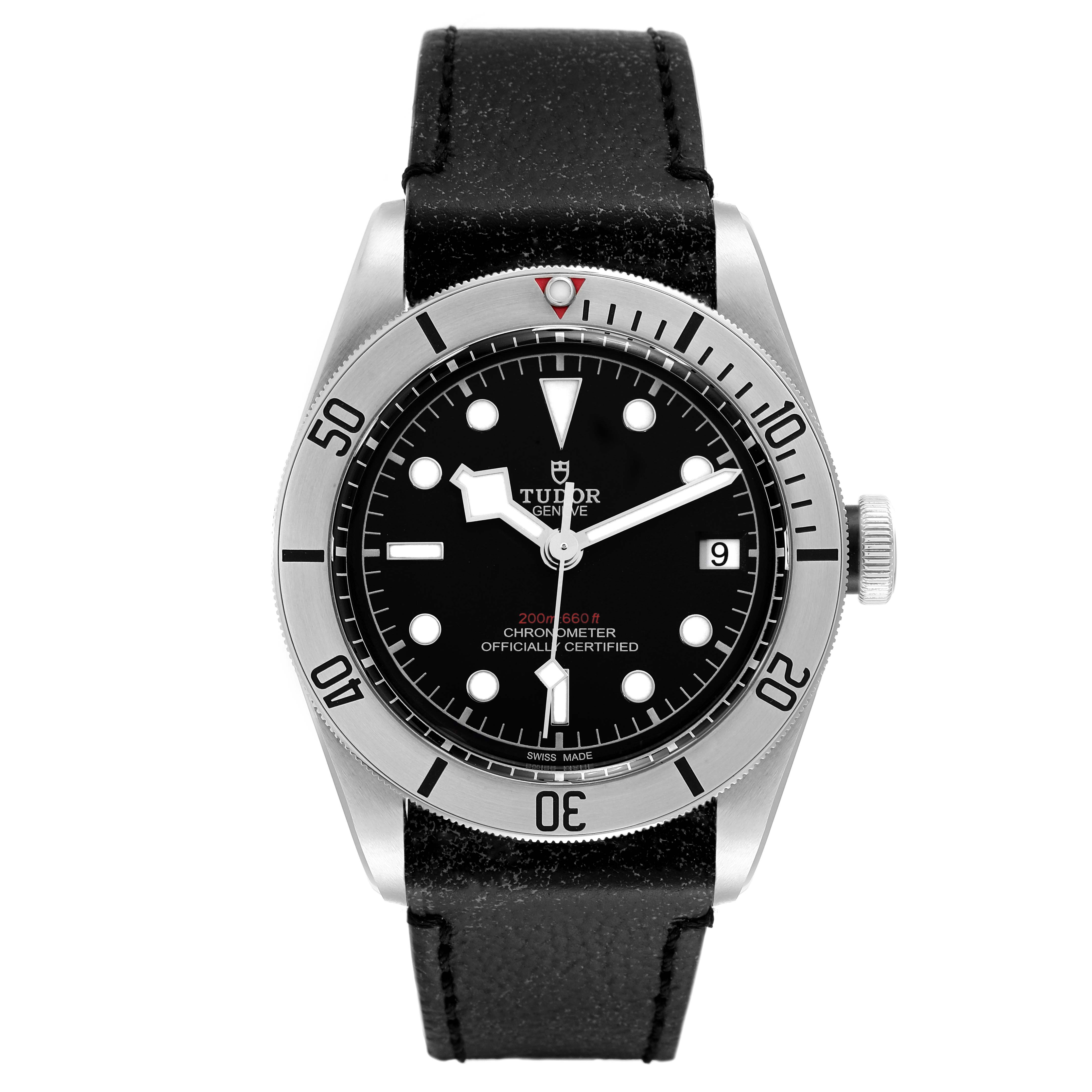 The Tudor Heritage Black Bay 55020 Men's Stainless Steel Black Dial 55020 Men's Stainless Steel Black Dial watch is shown from a front angle, displaying the dial, bezel, case, and strap.