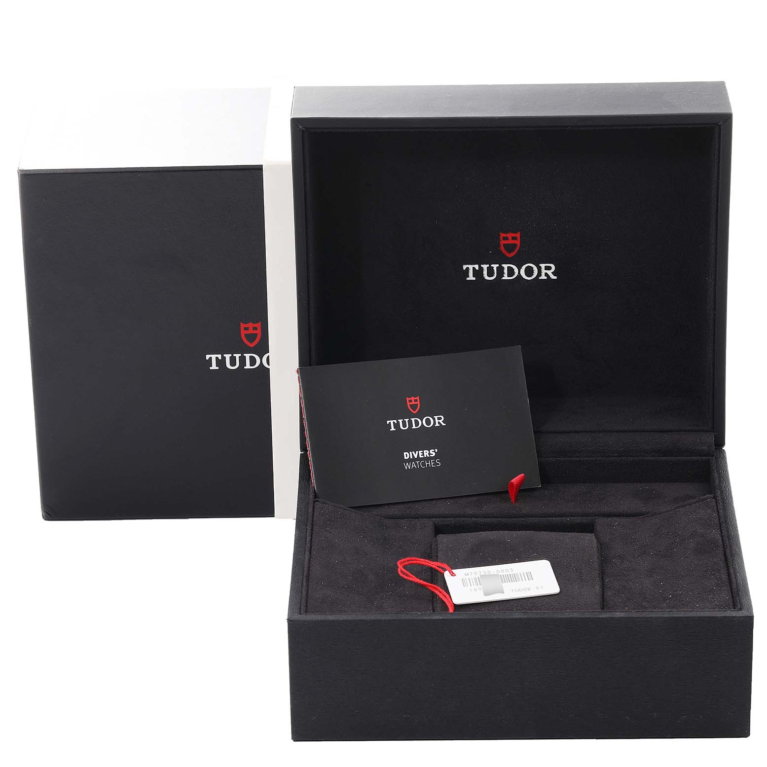 The image shows the open packaging box and documentation for the Tudor Heritage Black Bay 55020 Men's Stainless Steel Black Dial 55020 Men's Stainless Steel Black Dial watch.