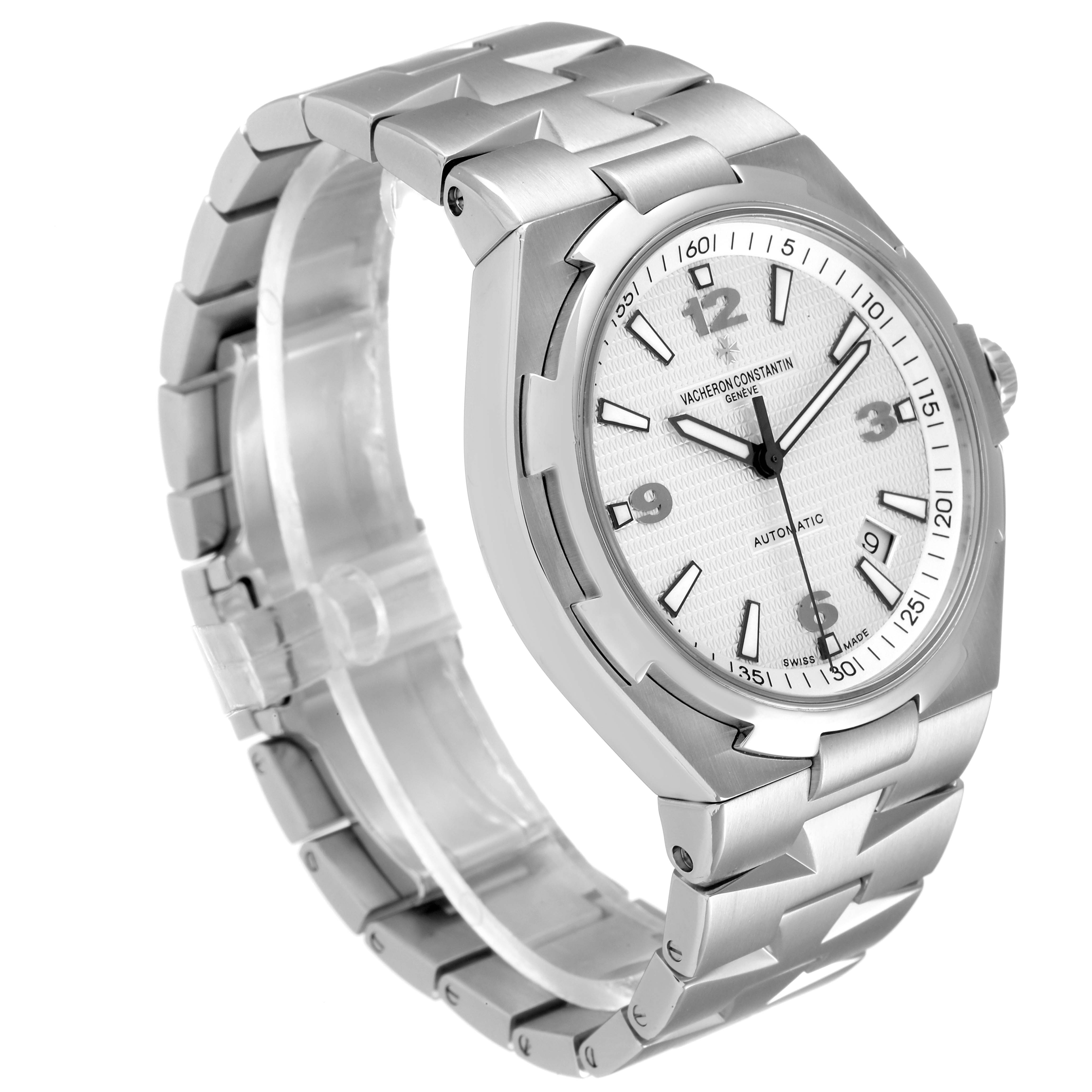 The image shows a Vacheron Constantin Overseas 47040B01A-9093 Men's Stainless Steel Silver Dial 47040B01A-9093 Men's Stainless Steel Silver Dial watch from a three-quarter angle, highlighting the dial, bezel, and bracelet.