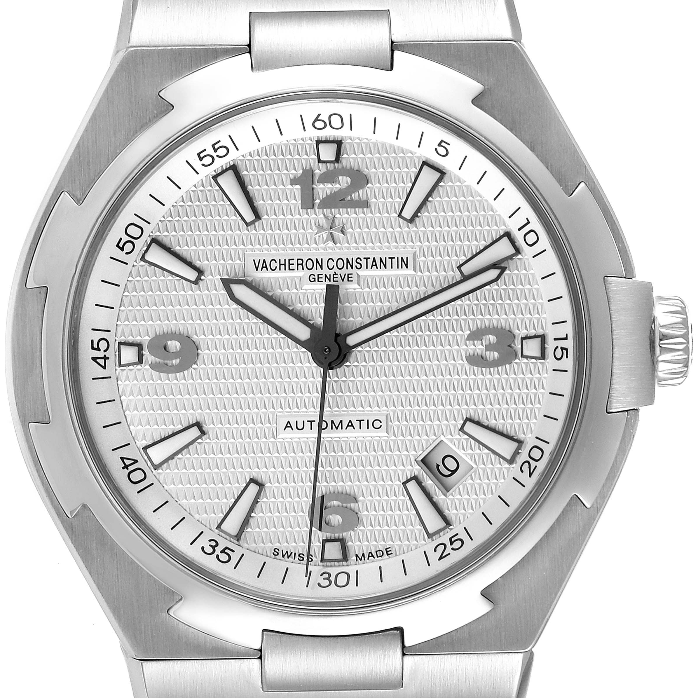 The image shows a frontal view of the dial and bezel of the Vacheron Constantin Overseas 47040B01A-9093 Men's Stainless Steel Silver Dial 47040B01A-9093 Men's Stainless Steel Silver Dial watch.