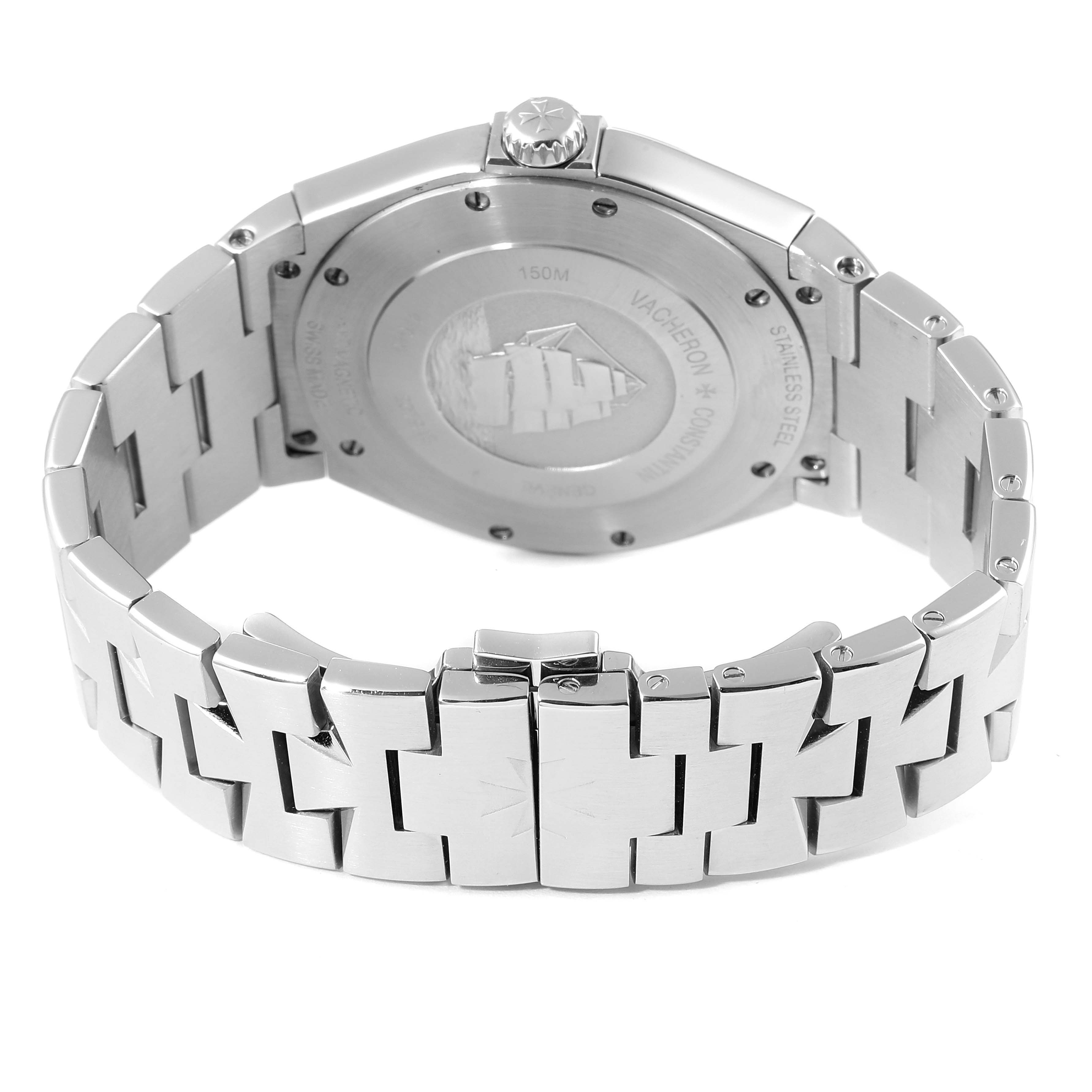 The image shows the back case and bracelet of a Vacheron Constantin Overseas 47040B01A-9093 Men's Stainless Steel Silver Dial 47040B01A-9093 Men's Stainless Steel Silver Dial watch.