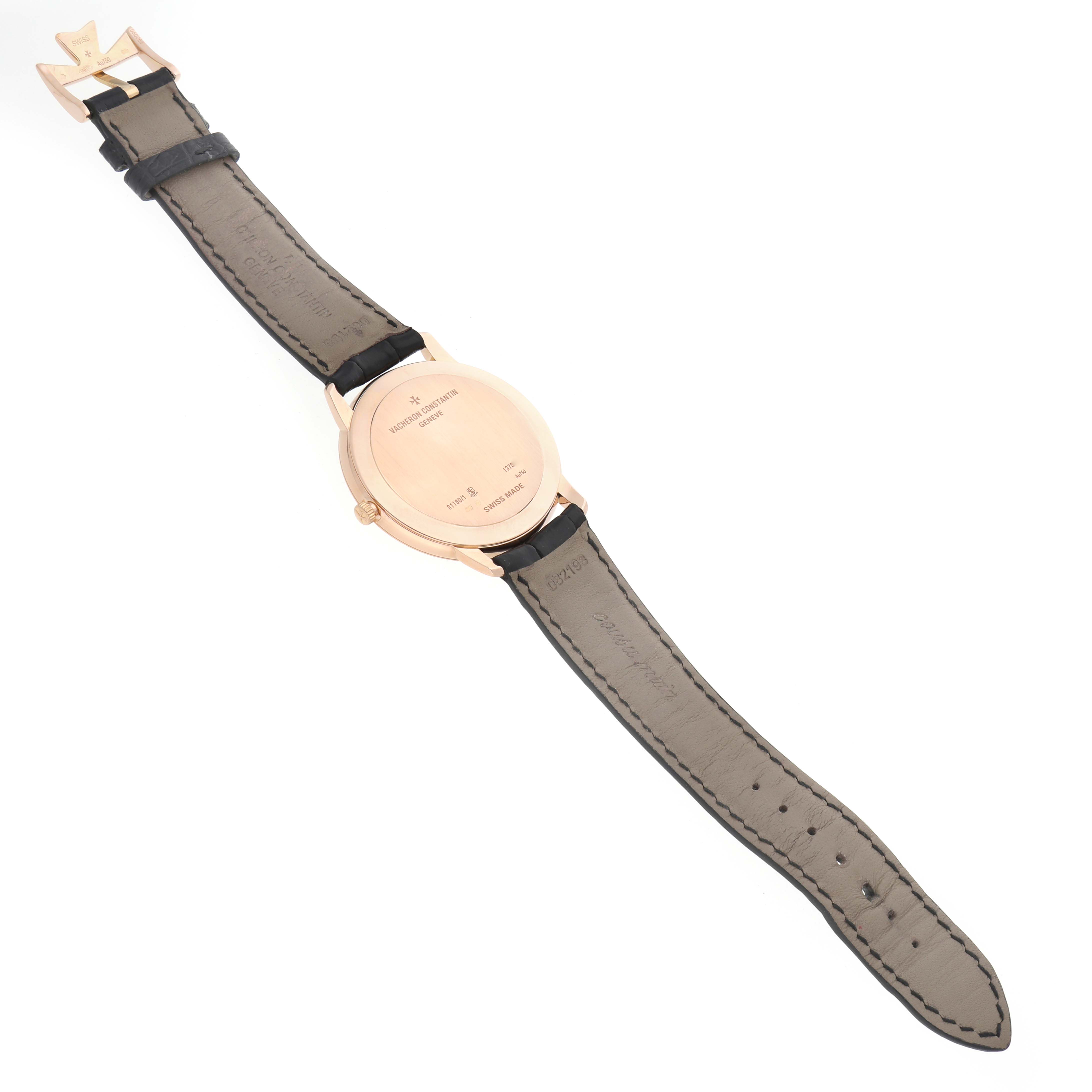 The Vacheron Constantin Patrimony 81180 Men
s Rose Gold Grey Dial watch is shown from the back, displaying the case back, strap, and buckle at an angle.