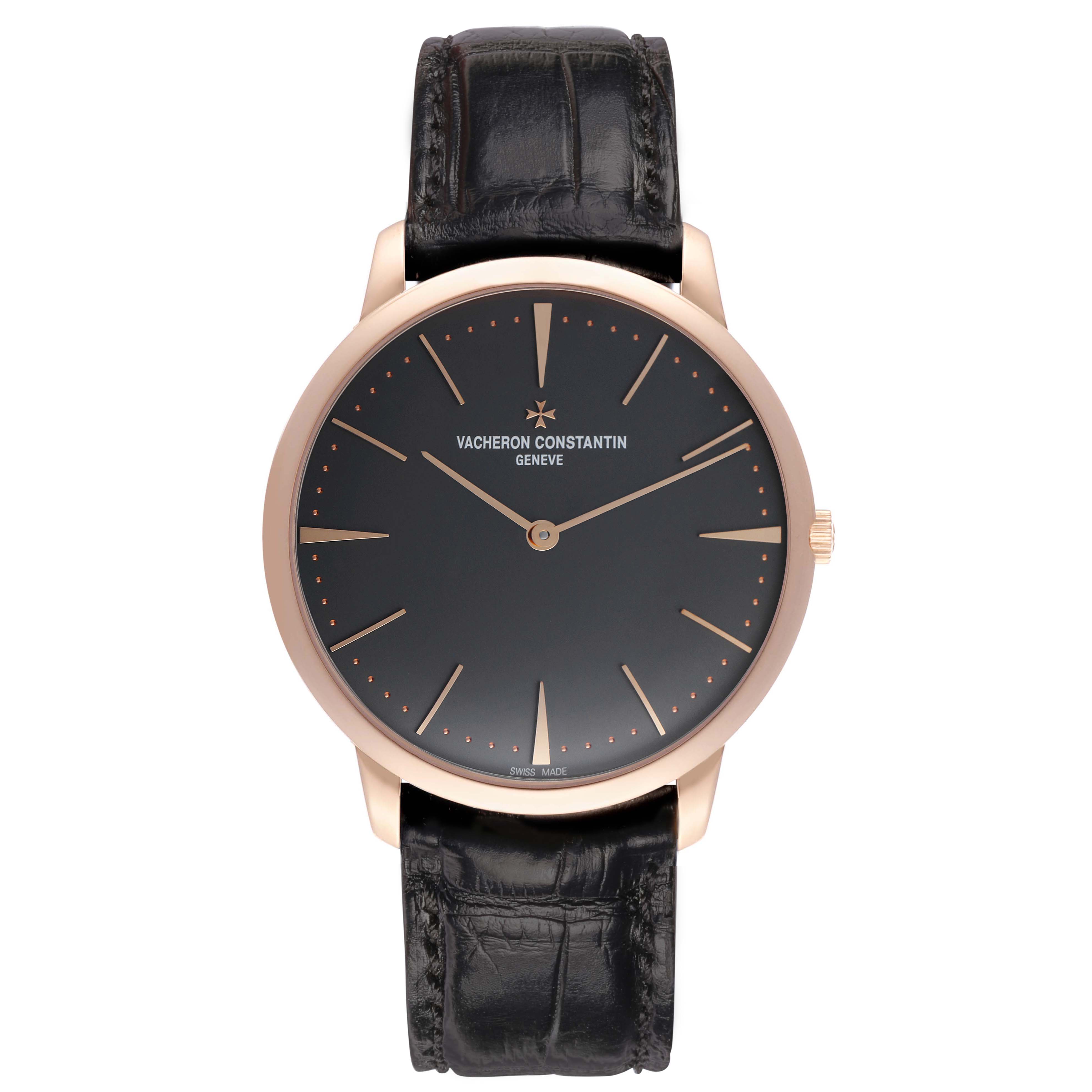 The Vacheron Constantin Patrimony 81180 Men
s Rose Gold Grey Dial watch is shown from a front view, highlighting the dial, hands, and leather strap.